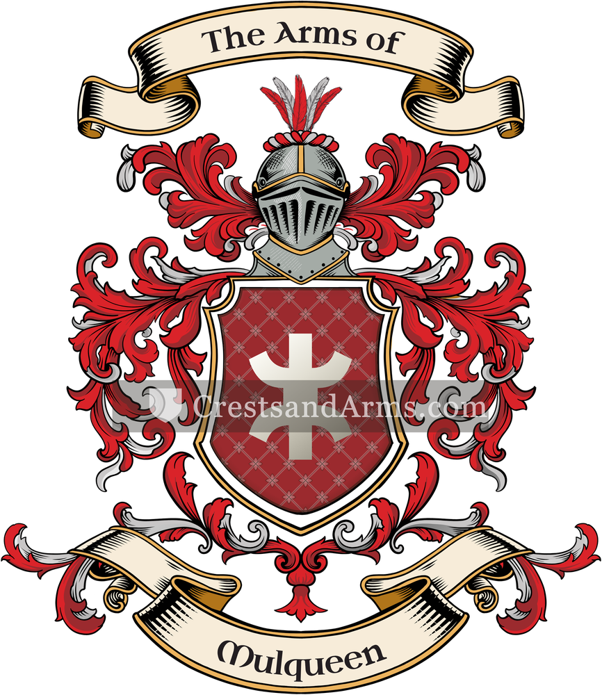 The Mulqueen coat of arms, drawn from the recorded blazon