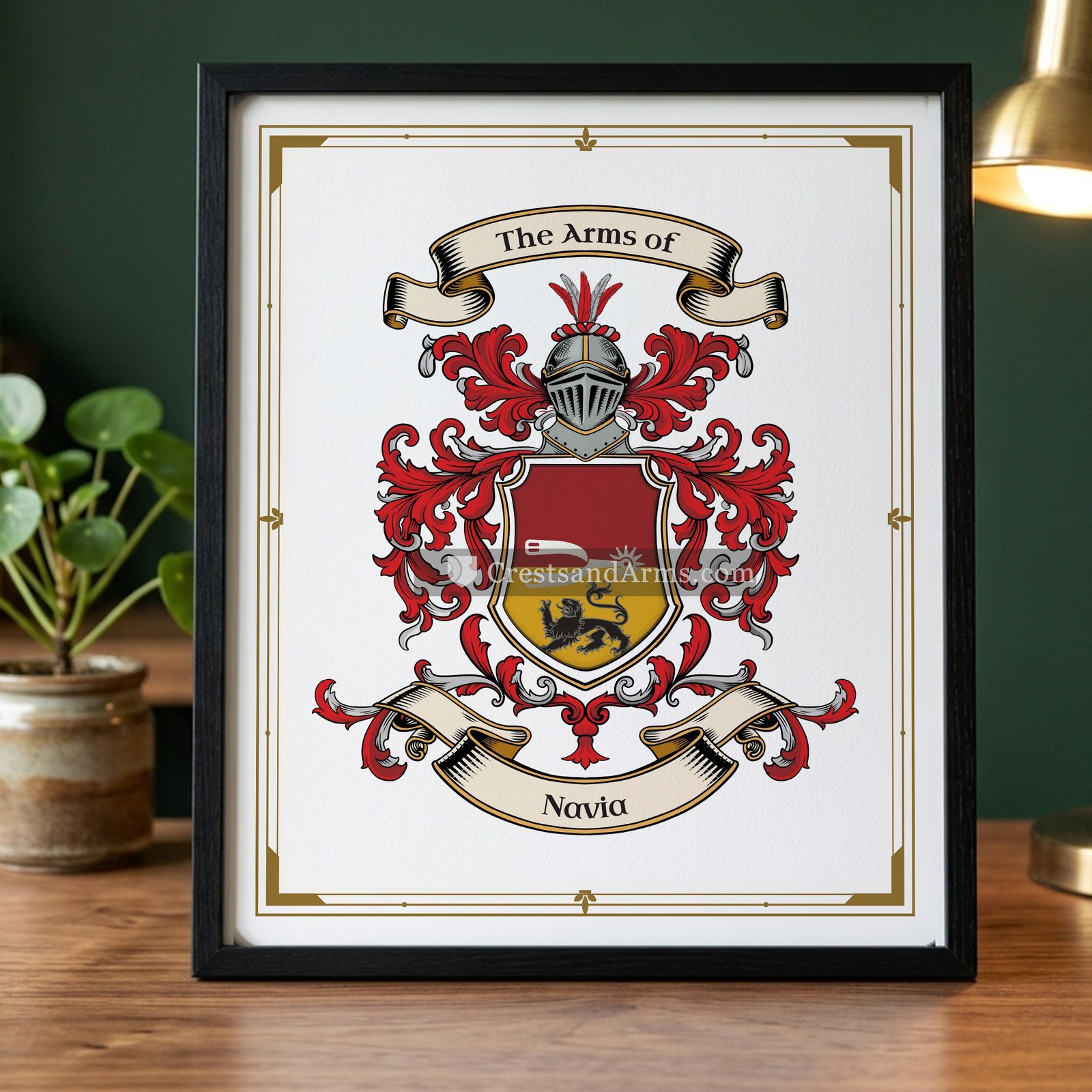 The Navia arms on the framed, black wood