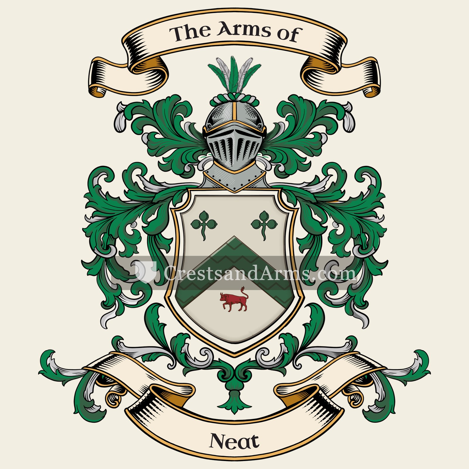 The Neat coat of arms, drawn from the recorded blazon