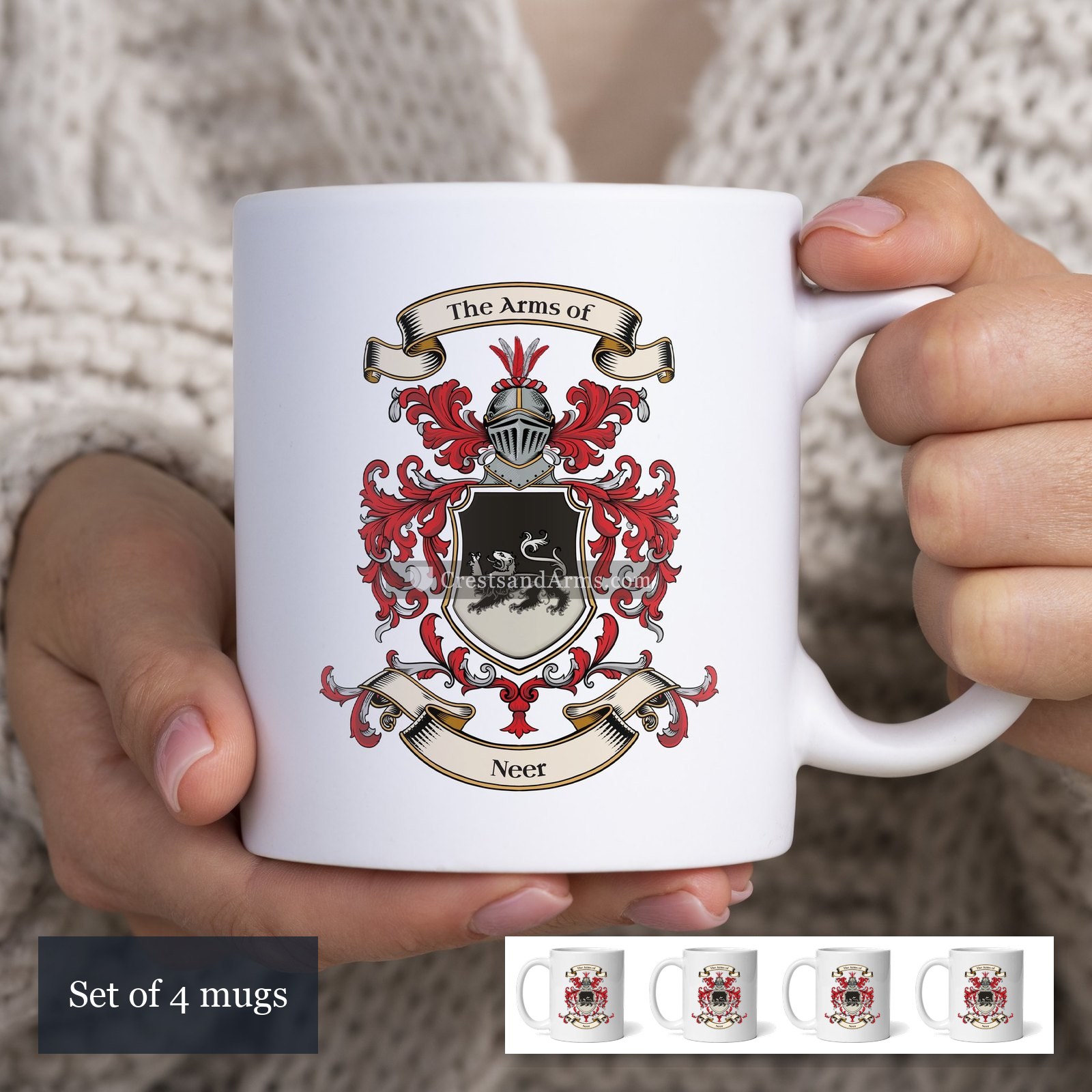 The Neer arms on the set of 4 mugs