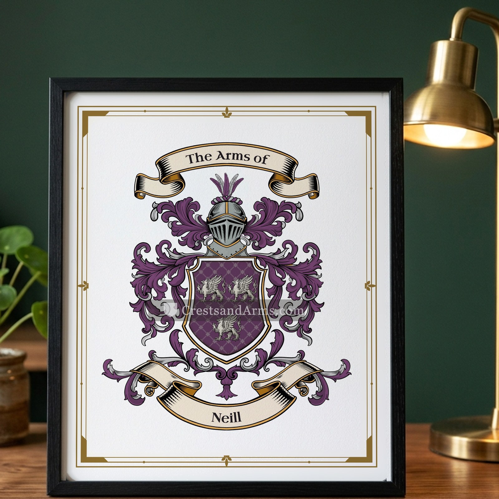The Neill arms on the framed, black wood