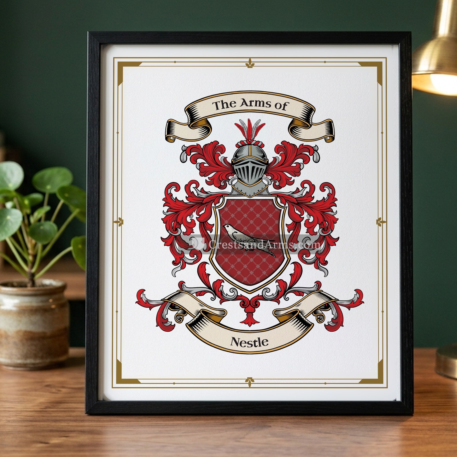 The Nestle arms on the framed, black wood
