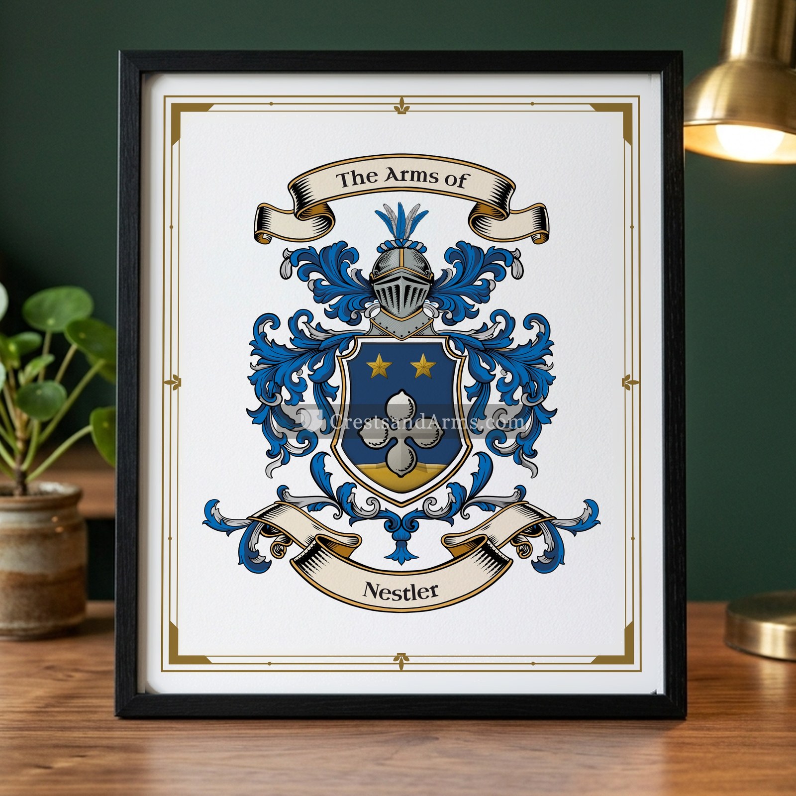 The Nestler arms on the framed, black wood