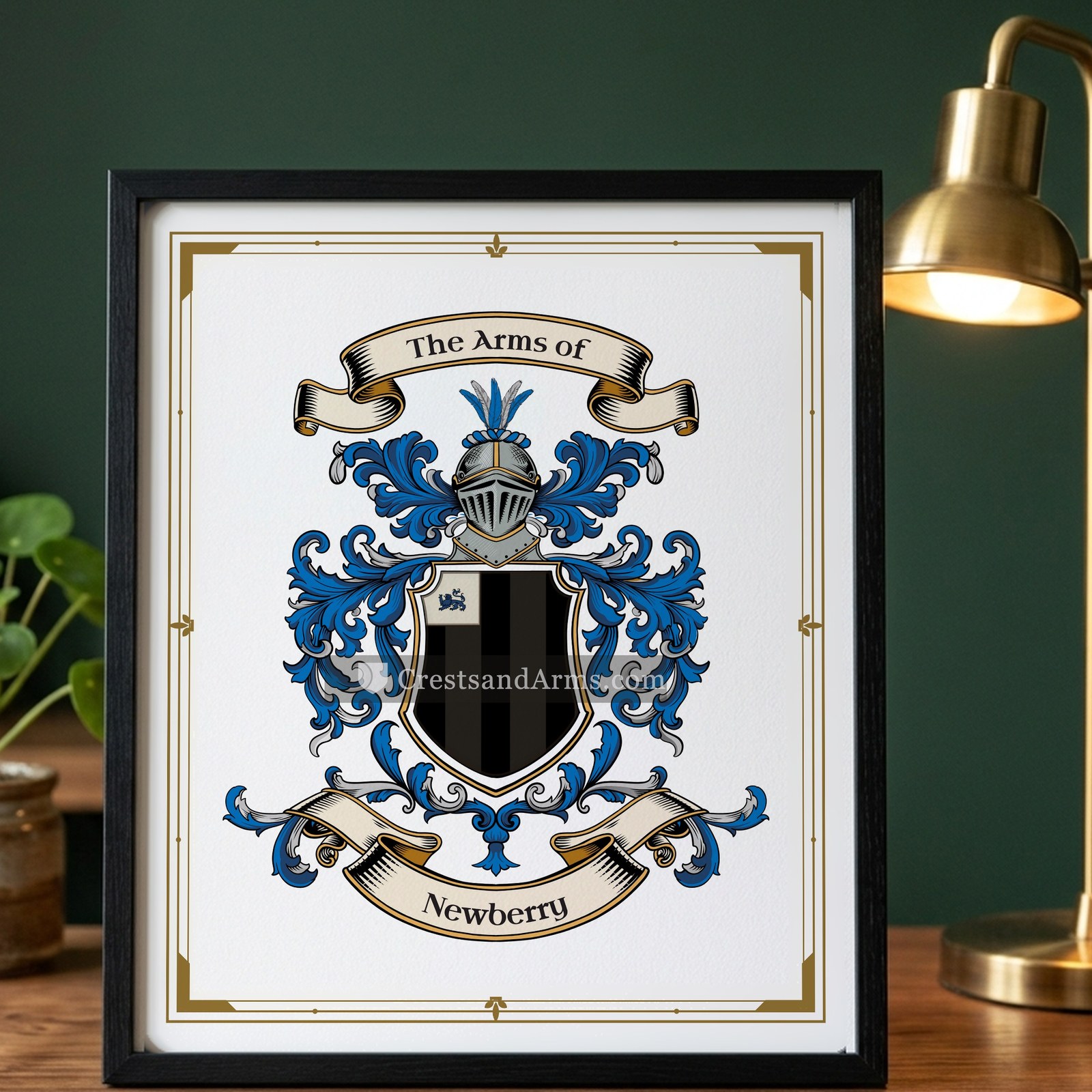 The Newberry arms on the framed, black wood