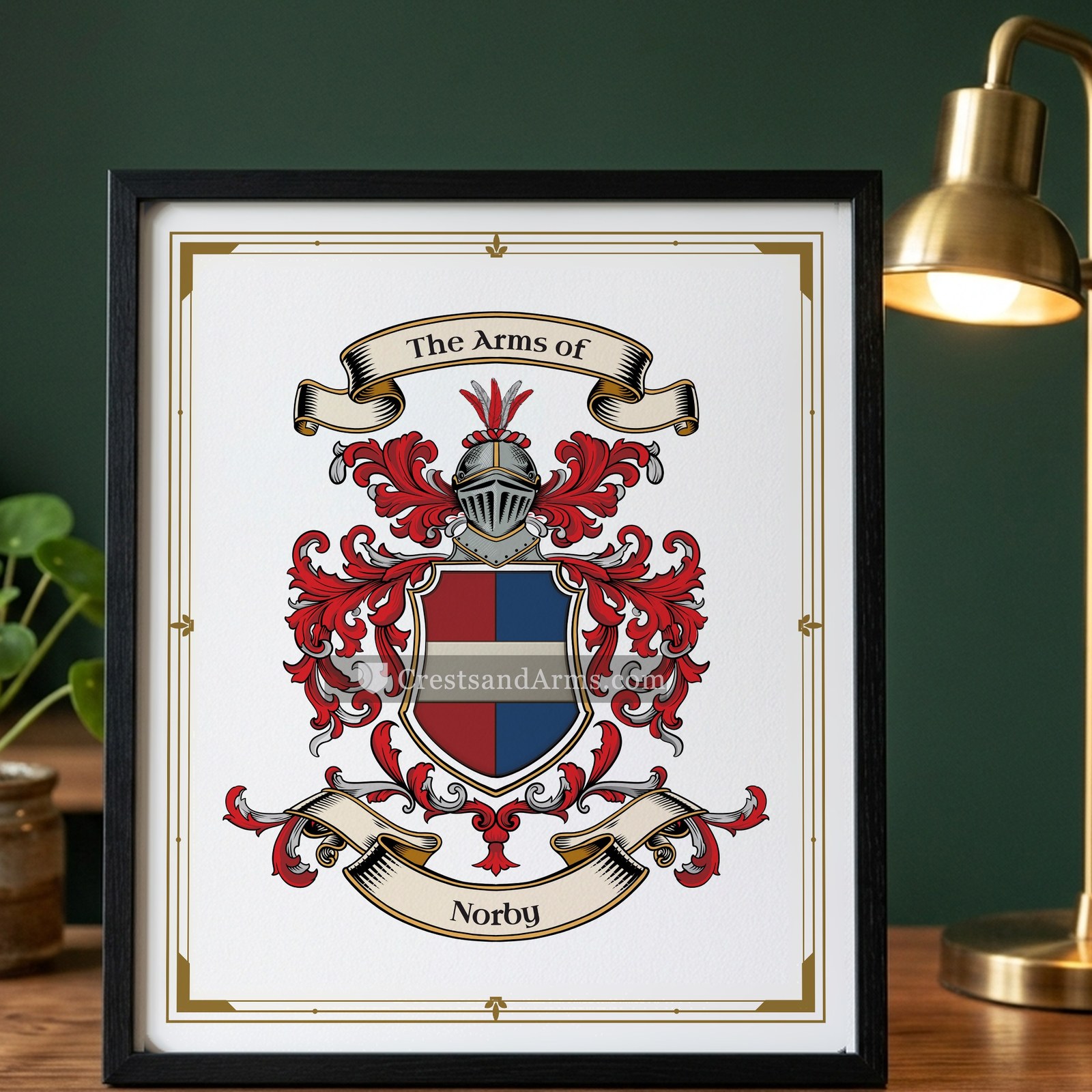 The Norby arms on the framed, black wood