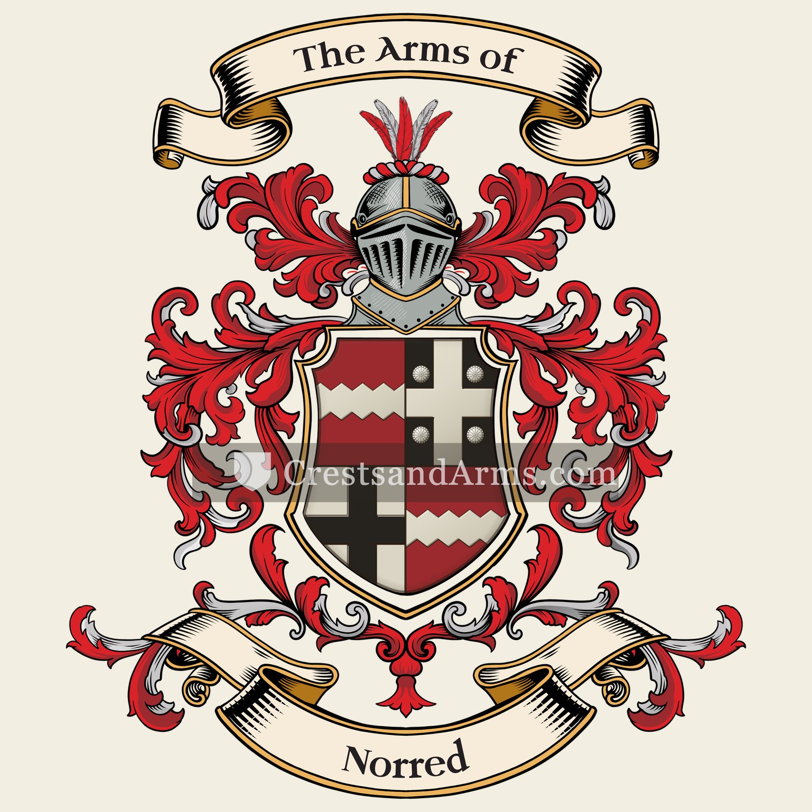 The Norred coat of arms, drawn from the recorded blazon