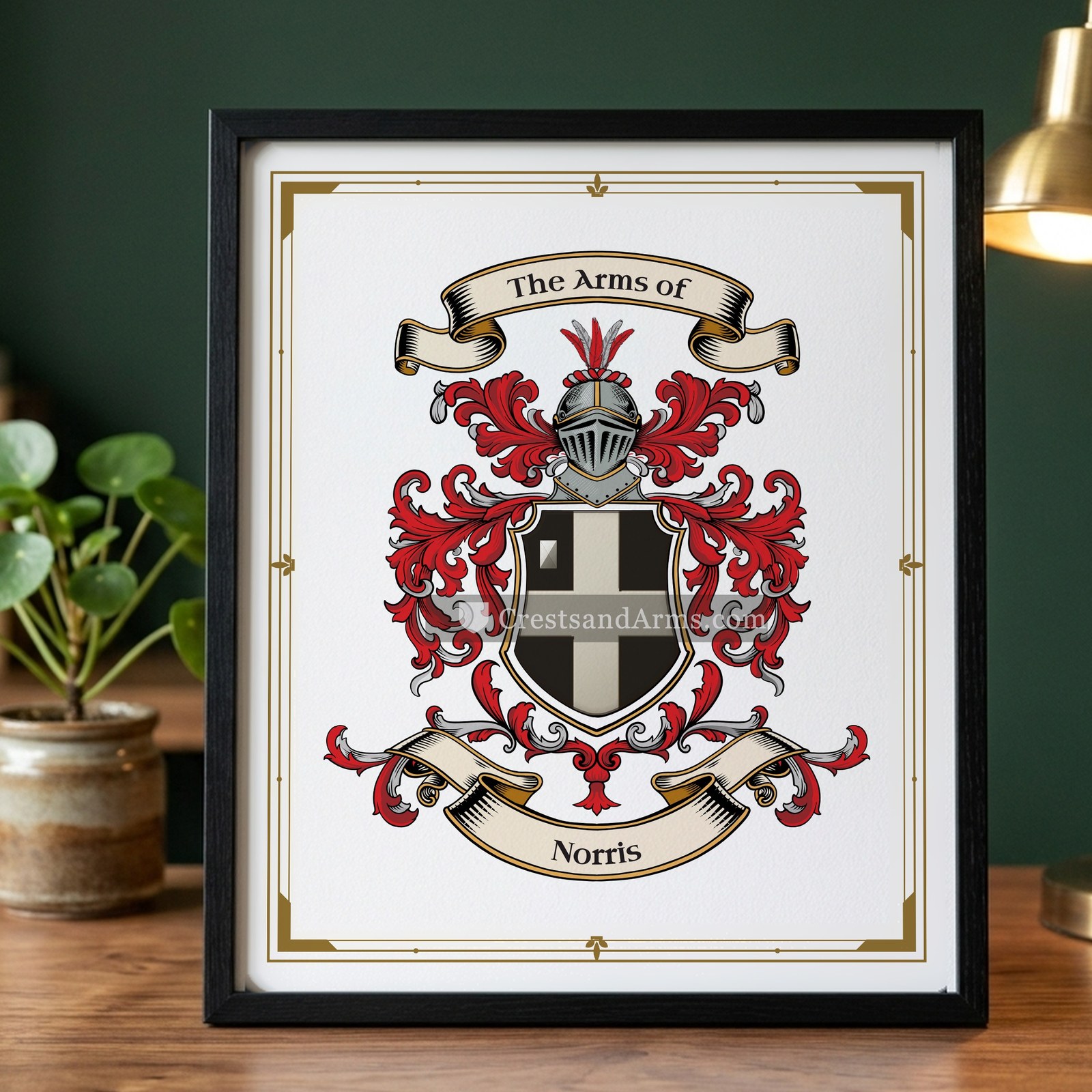 The Norris arms on the framed, black wood