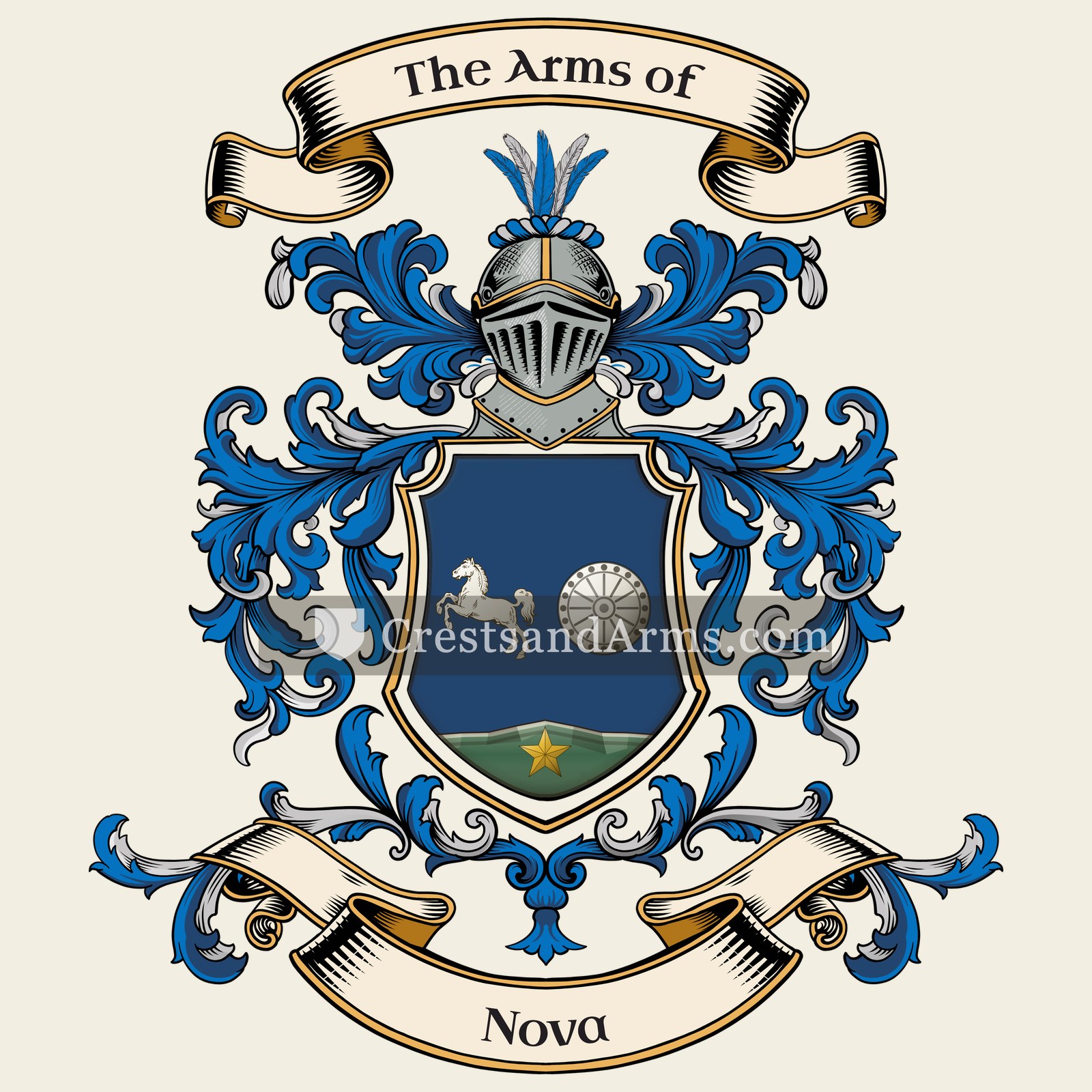 The Nova coat of arms, drawn from the recorded blazon