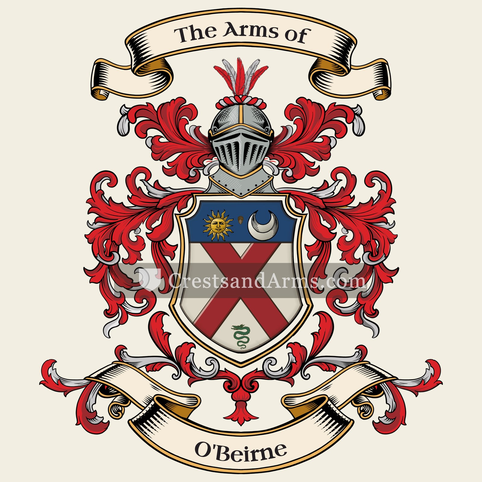 The O'Beirne coat of arms, drawn from the recorded blazon