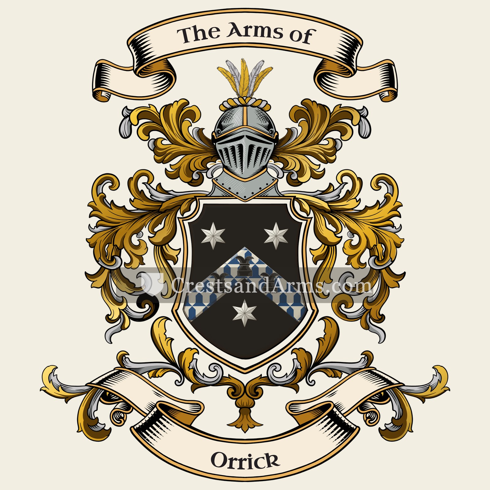 The Orrick coat of arms, drawn from the recorded blazon