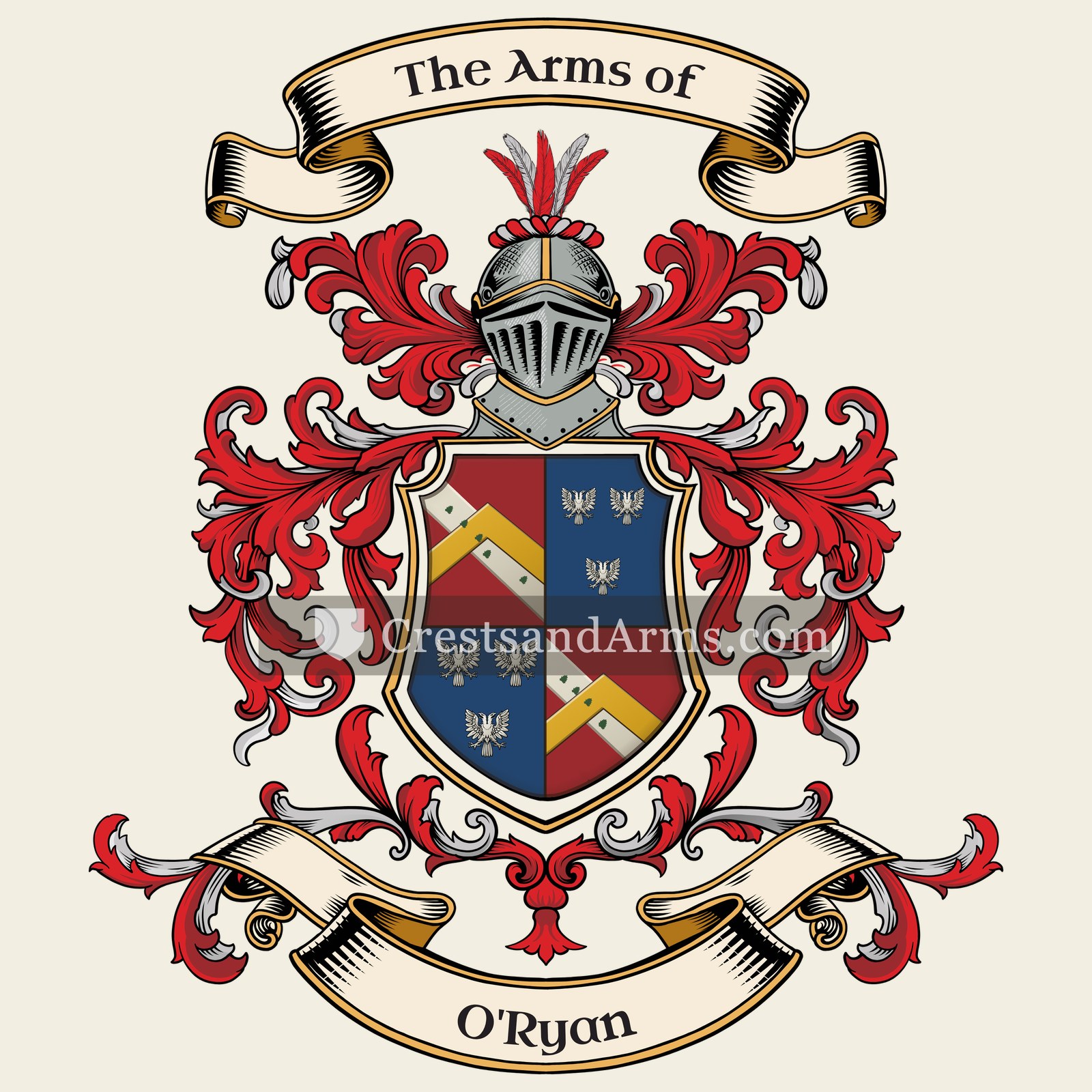 The O'Ryan coat of arms, drawn from the recorded blazon