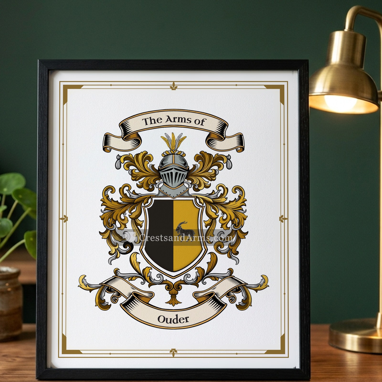 The Ouder arms on the framed, black wood