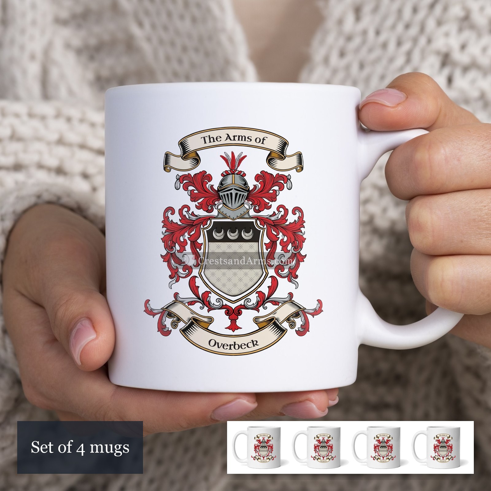 The Overbeck arms on the set of 4 mugs