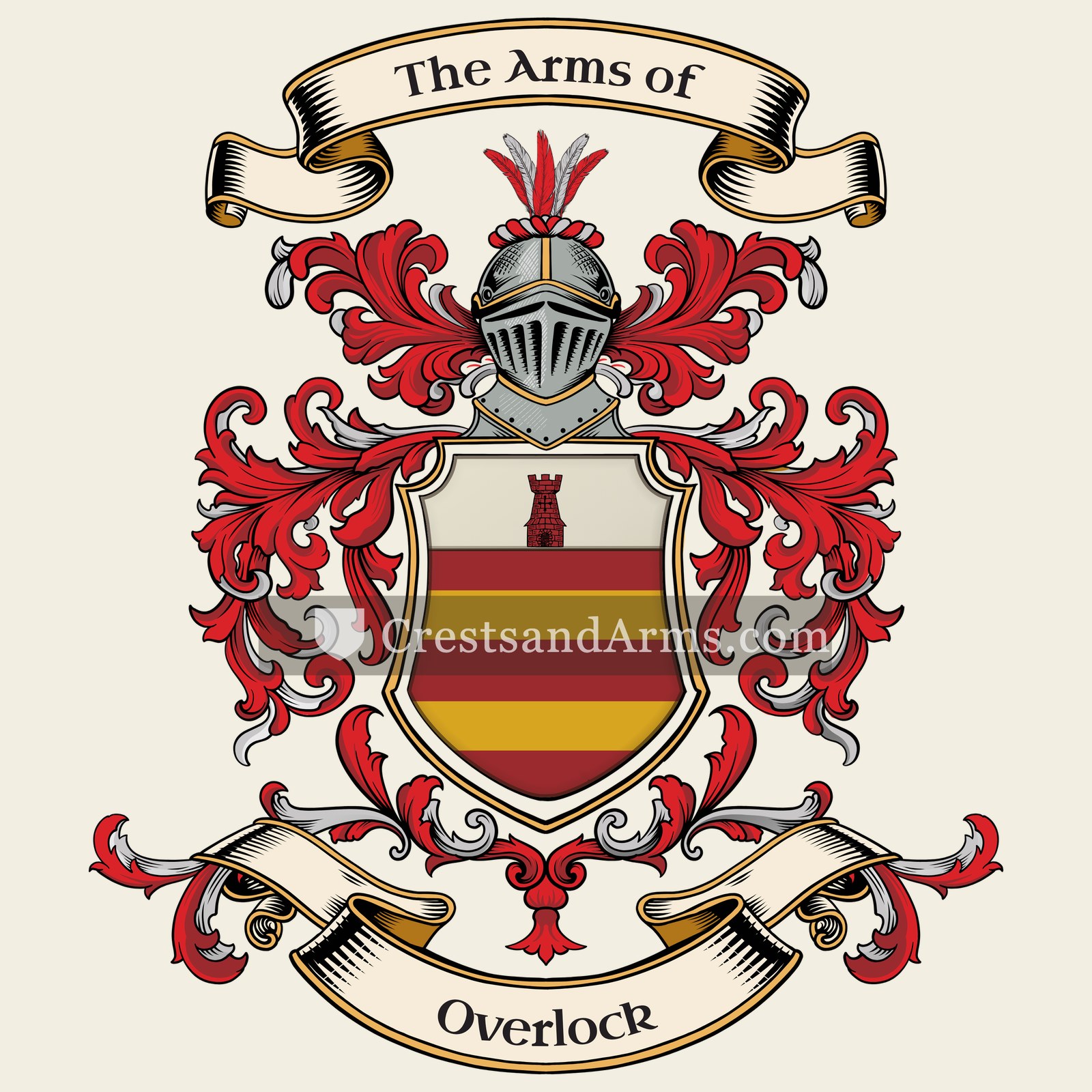 The Overlock coat of arms, drawn from the recorded blazon