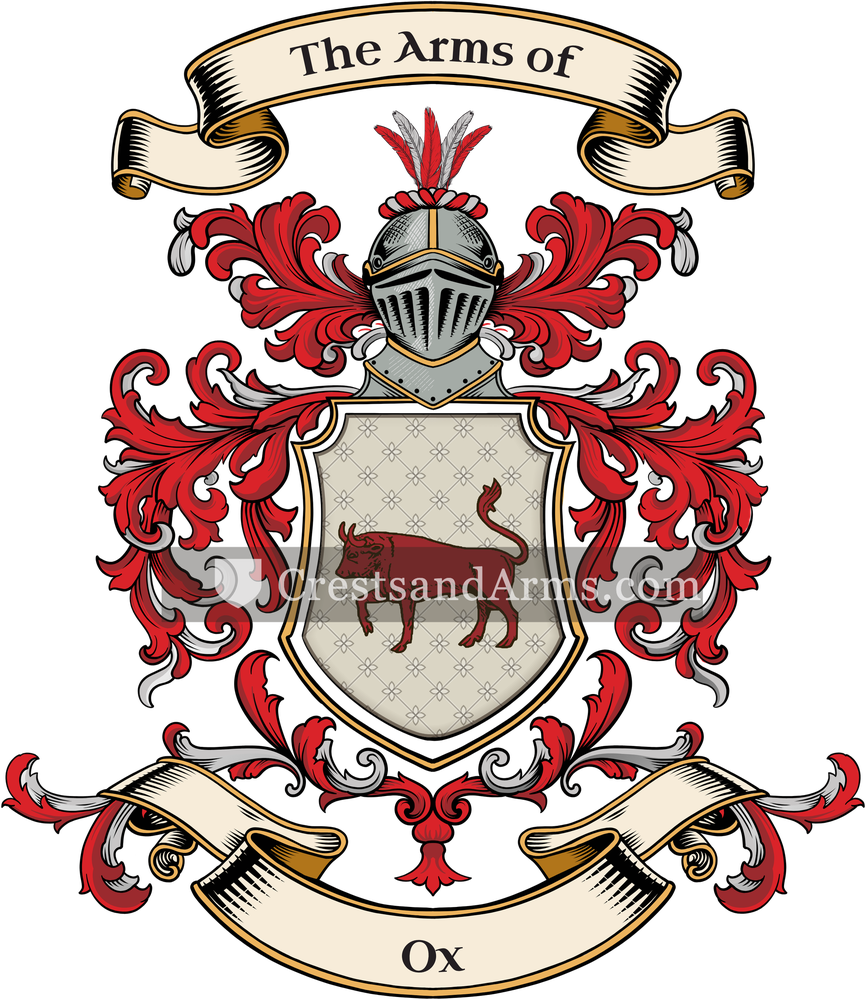 The Ox coat of arms, drawn from the recorded blazon