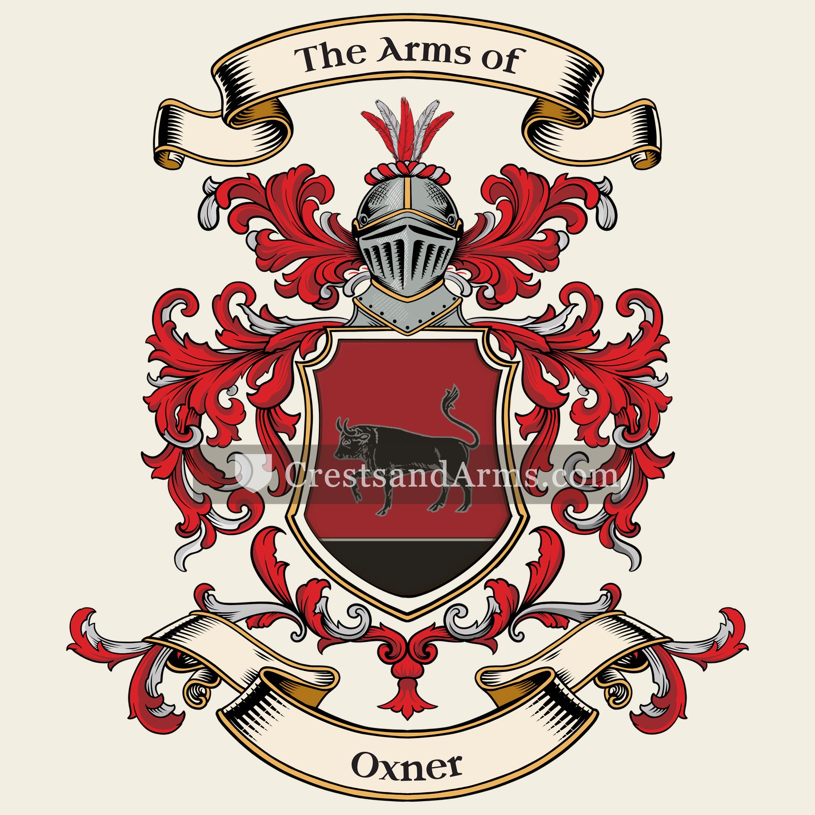 The Oxner coat of arms, drawn from the recorded blazon