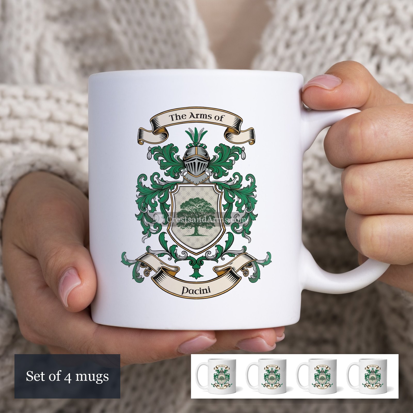 The Pacini arms on the set of 4 mugs