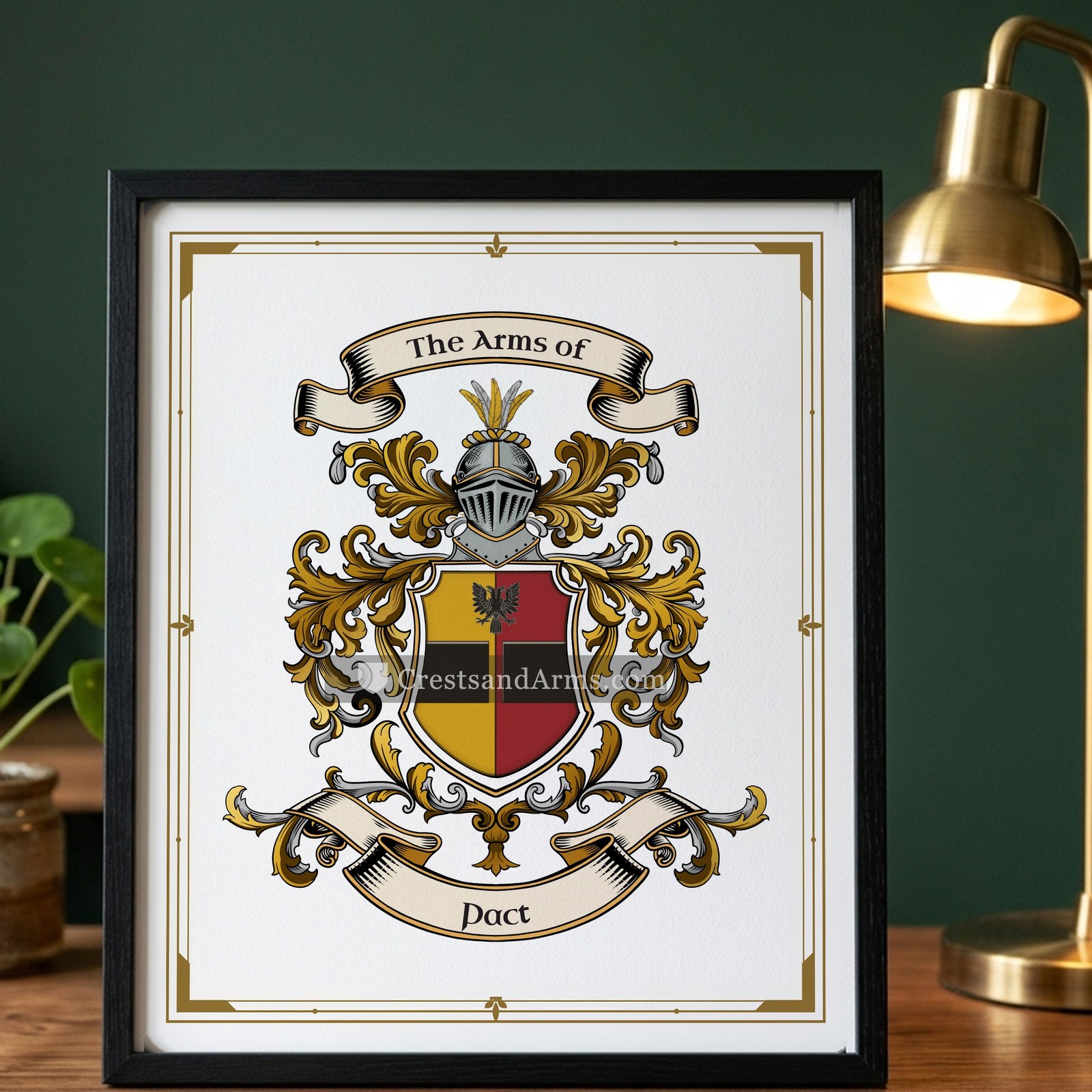The Pact arms on the framed, black wood