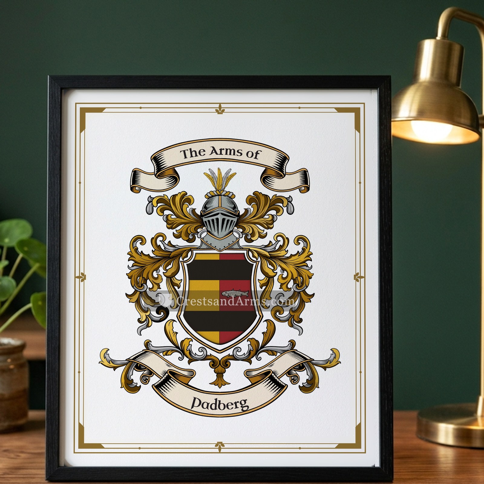 The Padberg arms on the framed, black wood
