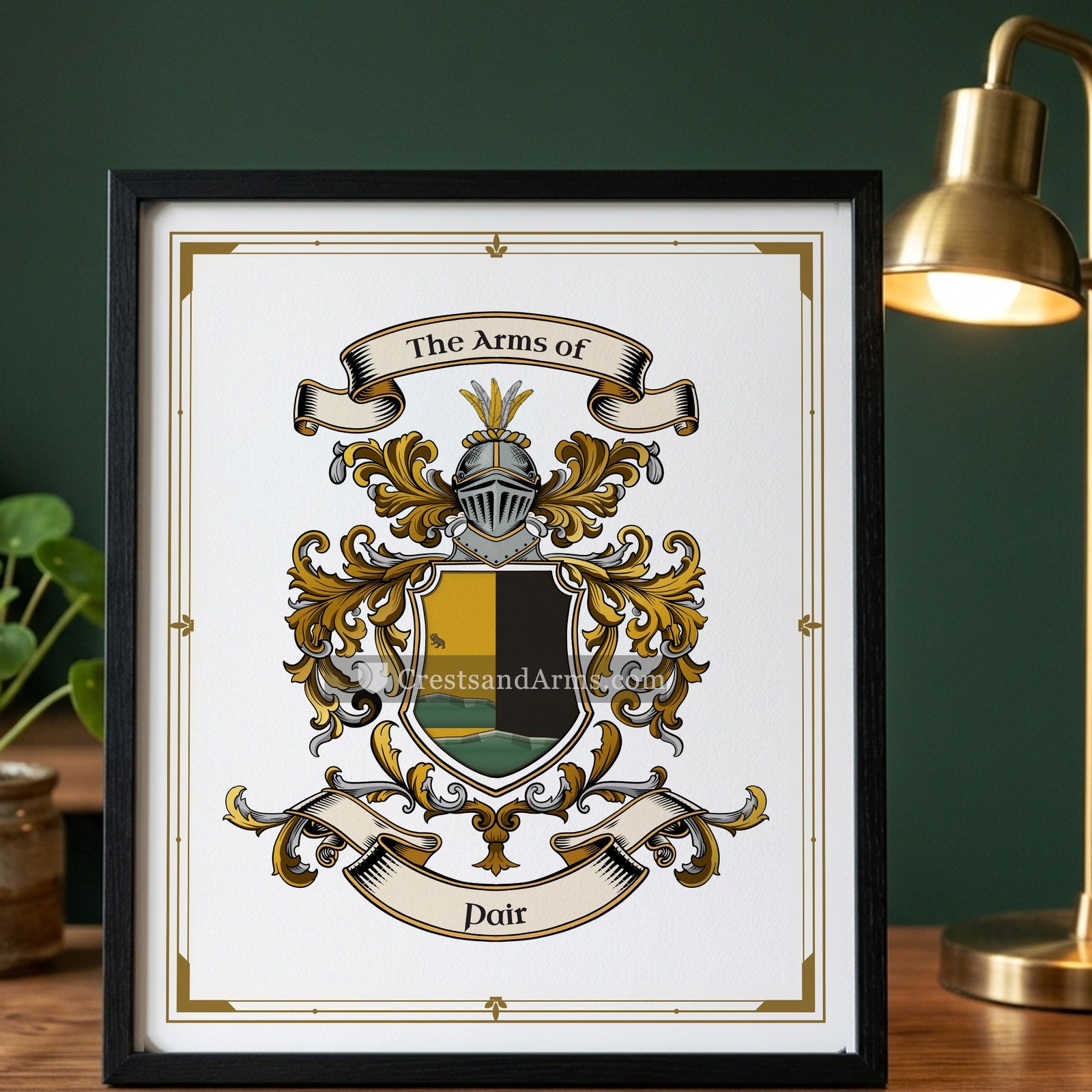 The Pair arms on the framed, black wood