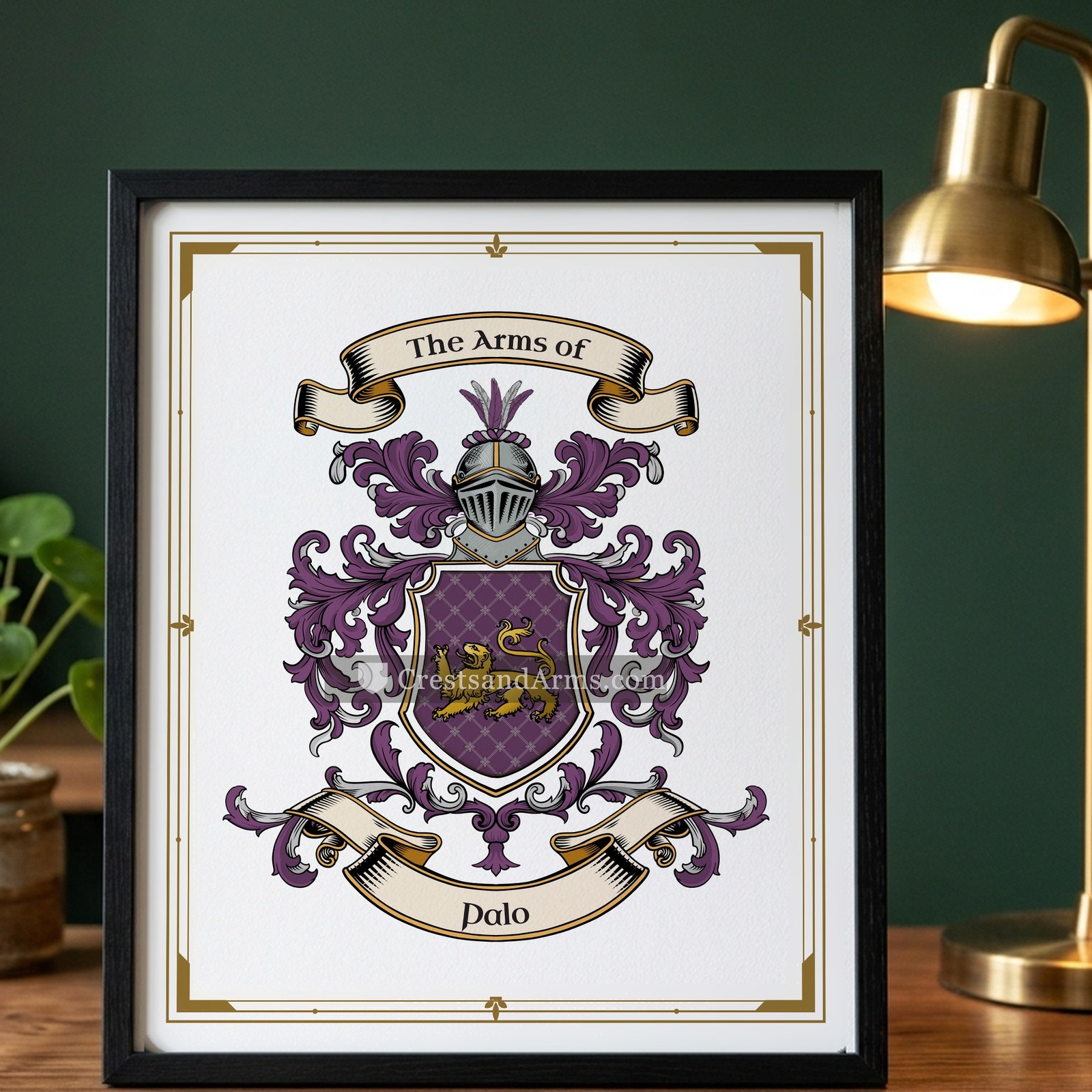 The Palo arms on the framed, black wood
