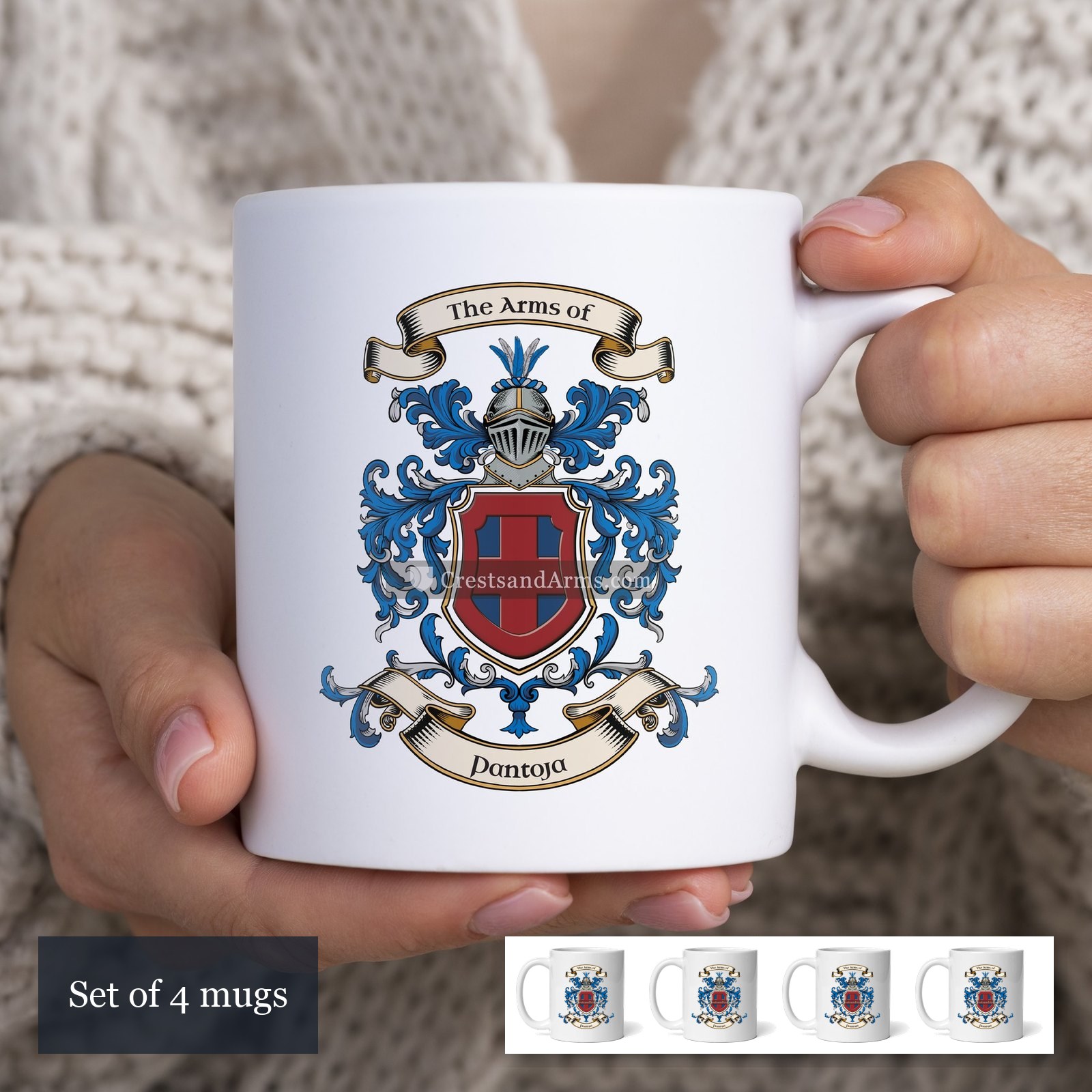 The Pantoja arms on the set of 4 mugs