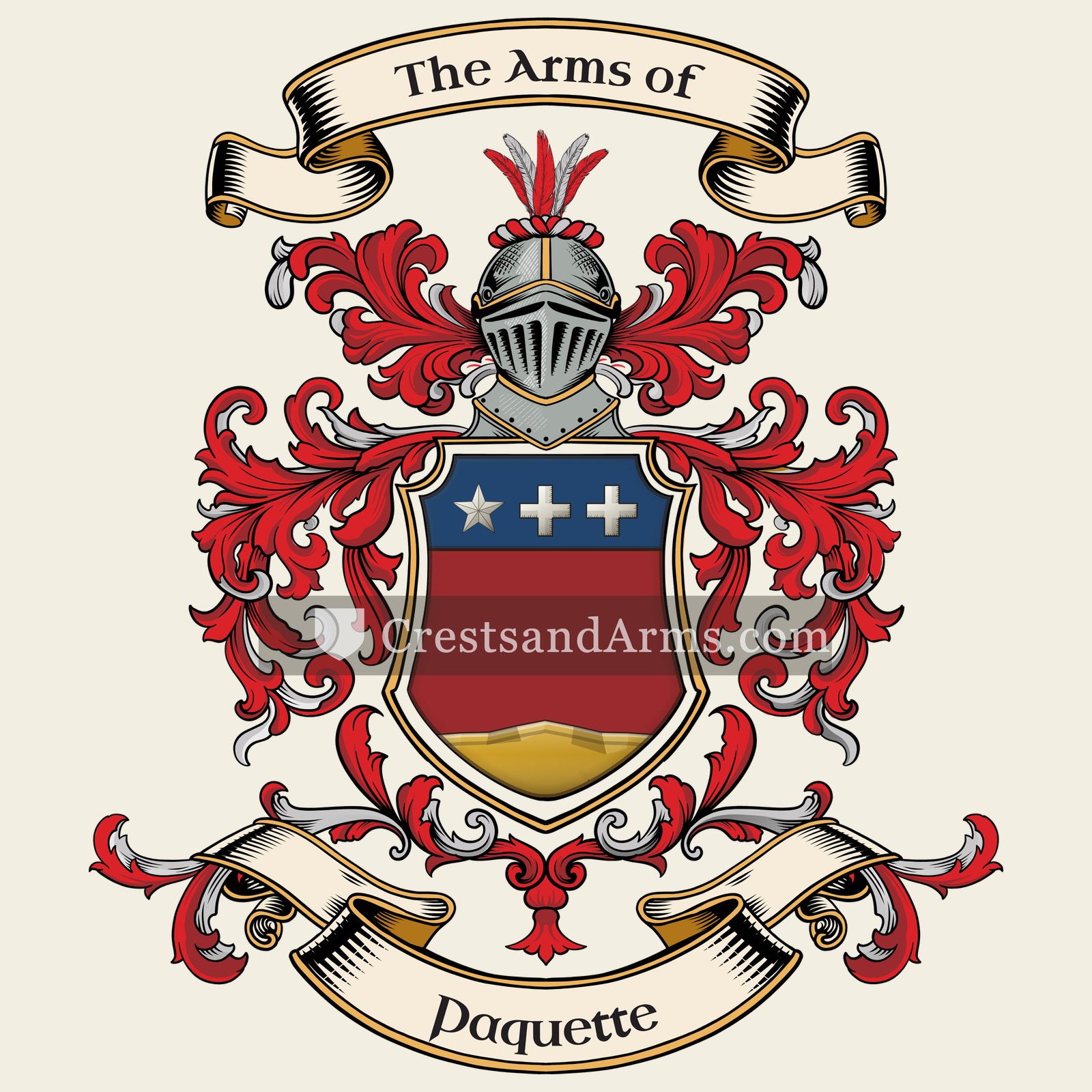 The Paquette coat of arms, drawn from the recorded blazon