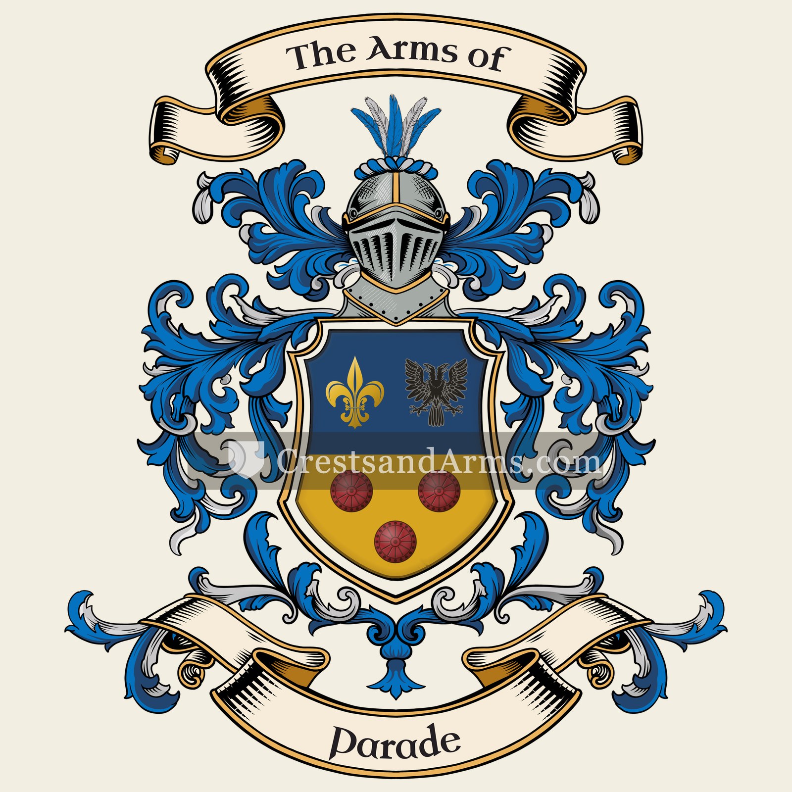 The Parade coat of arms, drawn from the recorded blazon