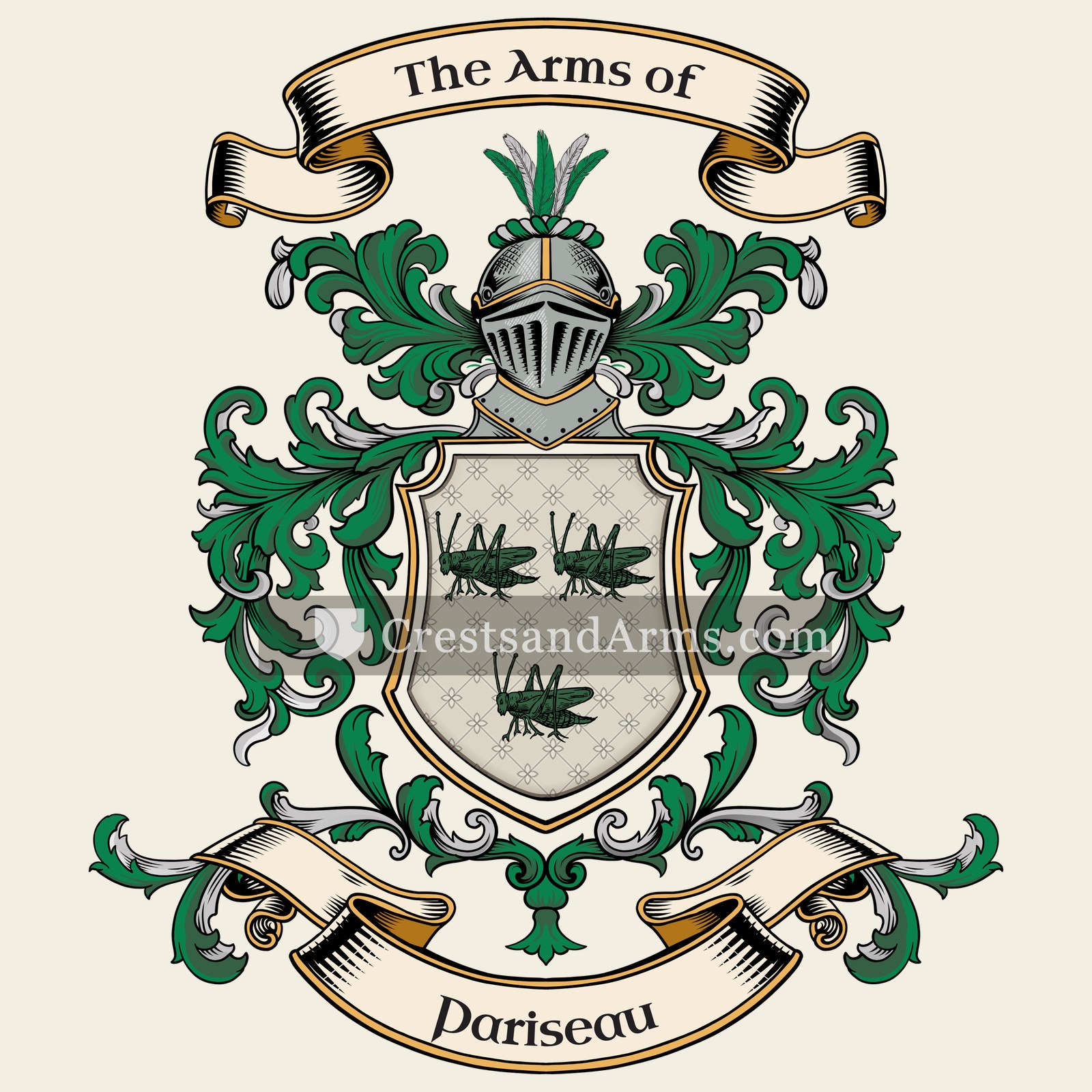 The Pariseau coat of arms, drawn from the recorded blazon