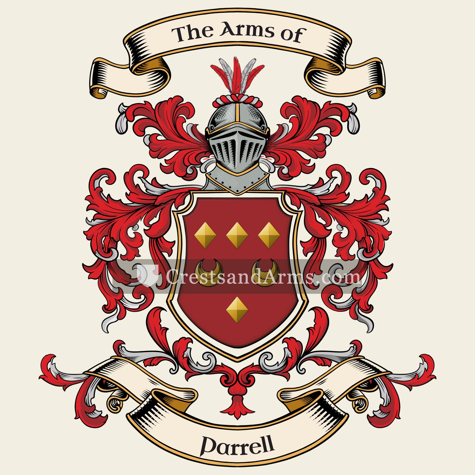 The Parrell coat of arms, drawn from the recorded blazon