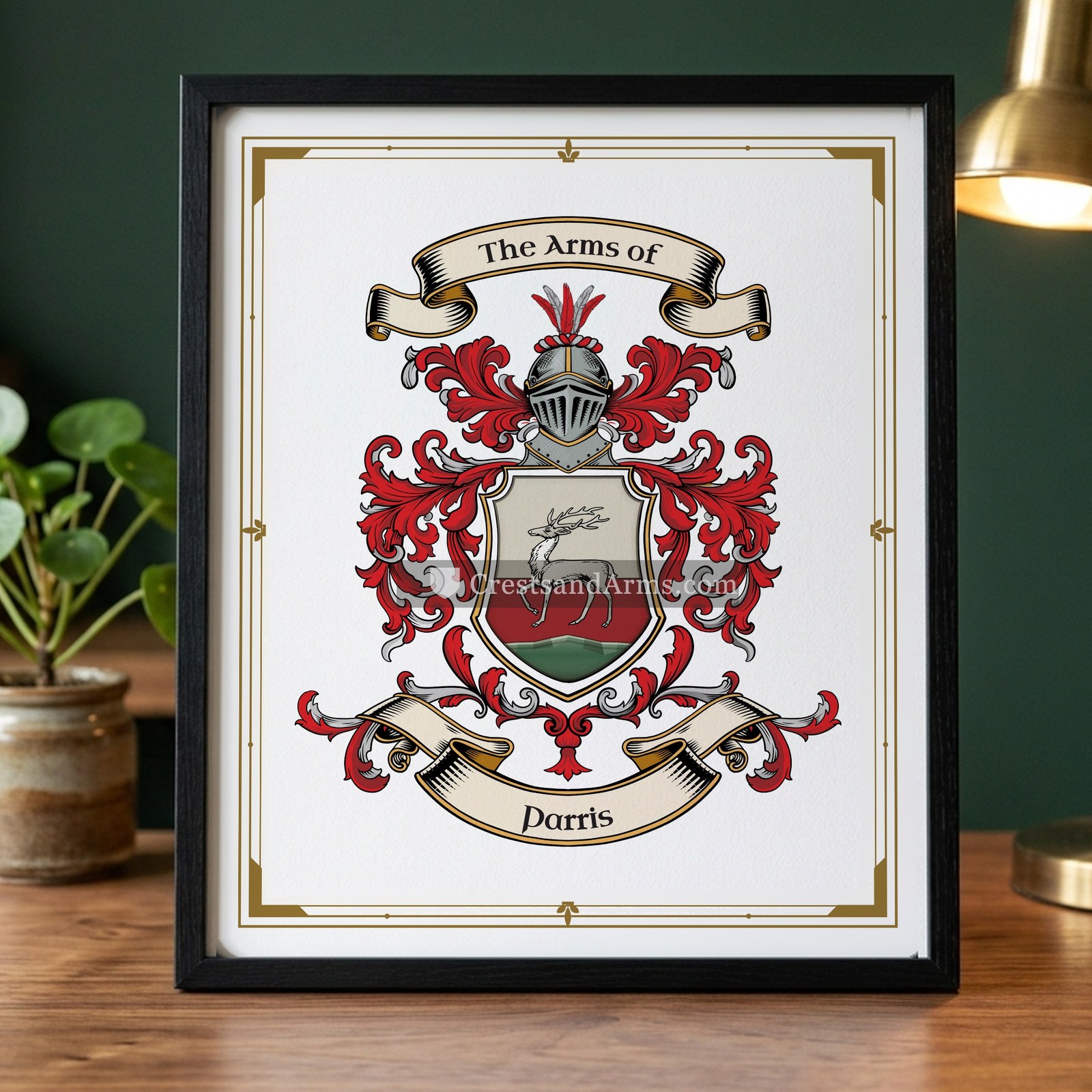 The Parris arms on the framed, black wood