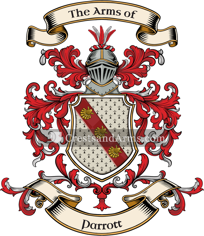 The Parrott coat of arms, drawn from the recorded blazon