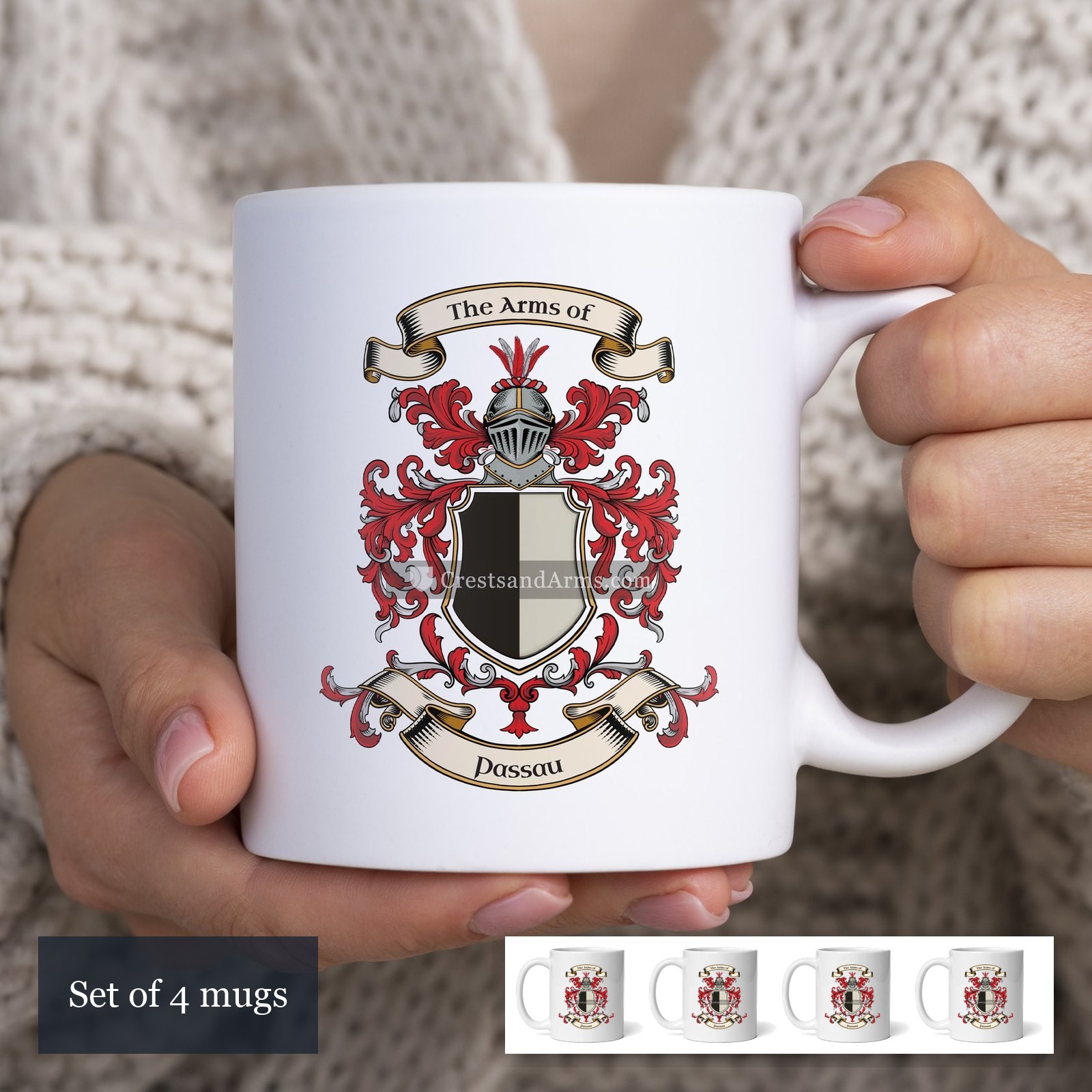 The Passau arms on the set of 4 mugs
