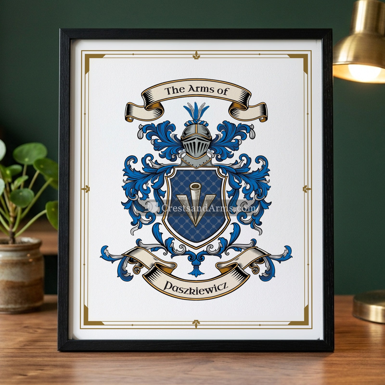 The Paszkiewicz arms on the framed, black wood
