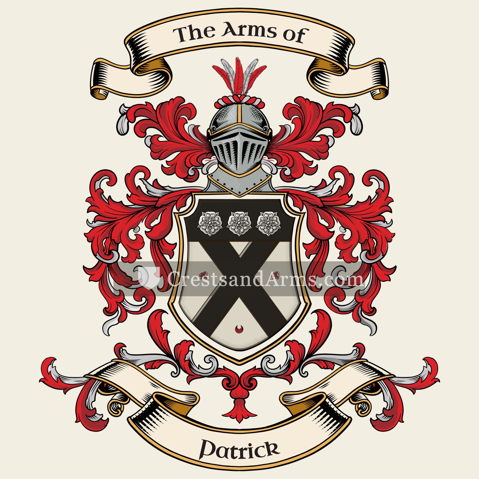 The Patrick coat of arms, drawn from the recorded blazon