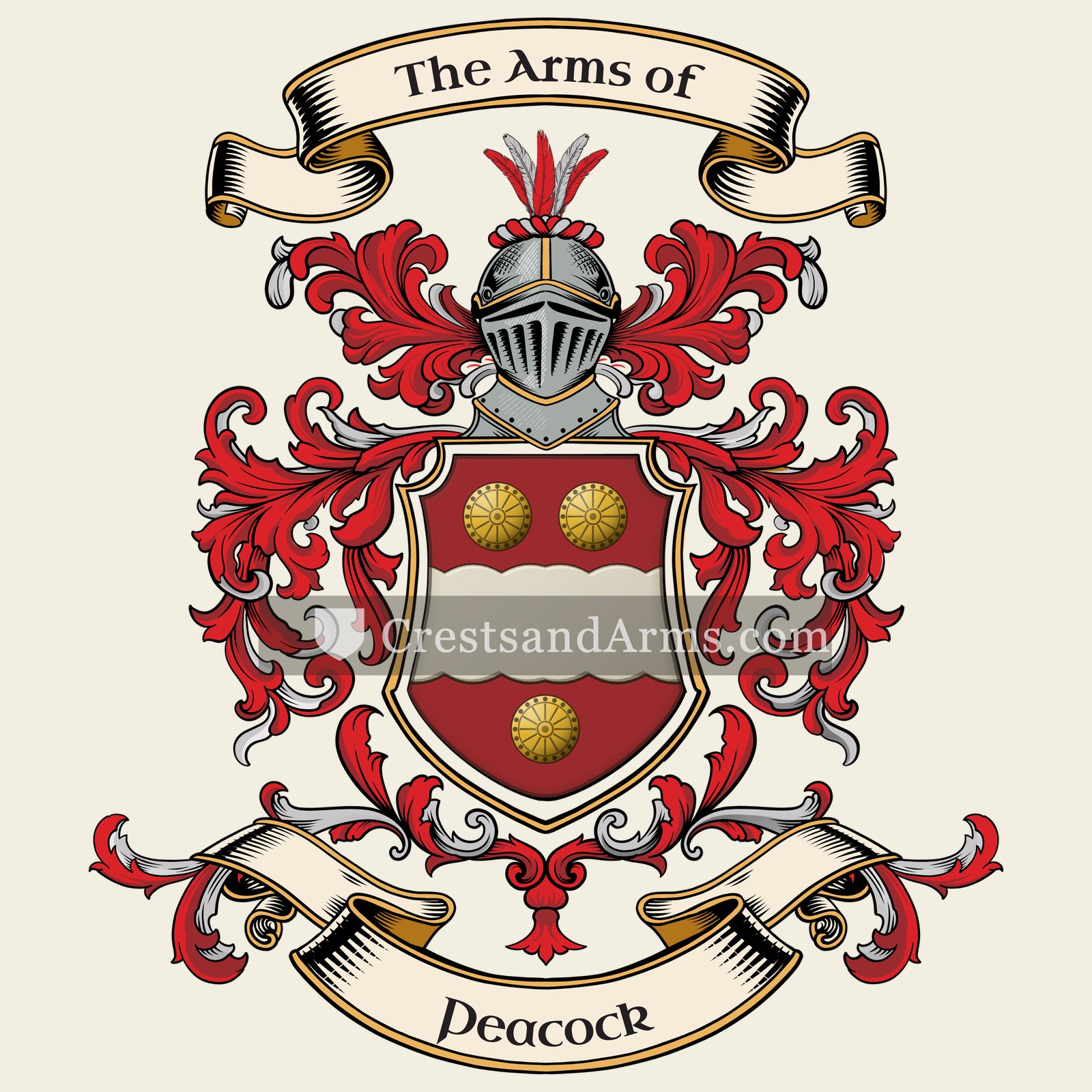 The Peacock coat of arms, drawn from the recorded blazon