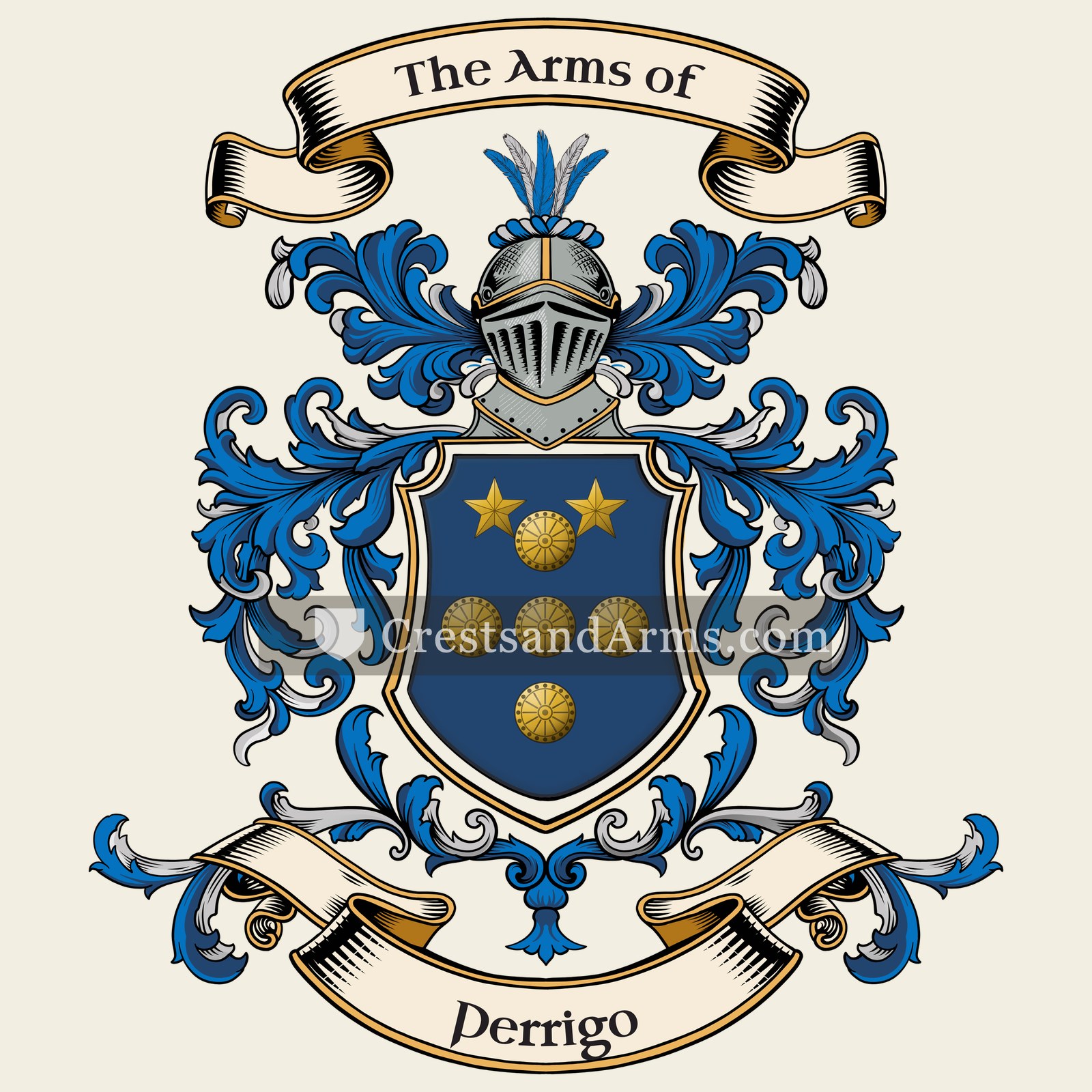 The Perrigo coat of arms, drawn from the recorded blazon