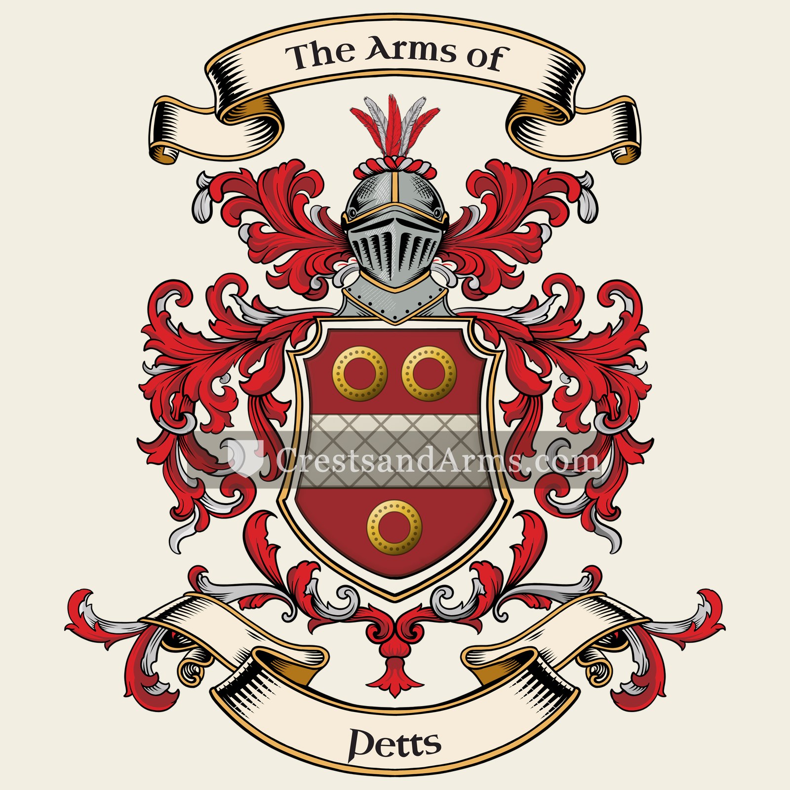 The Petts coat of arms, drawn from the recorded blazon