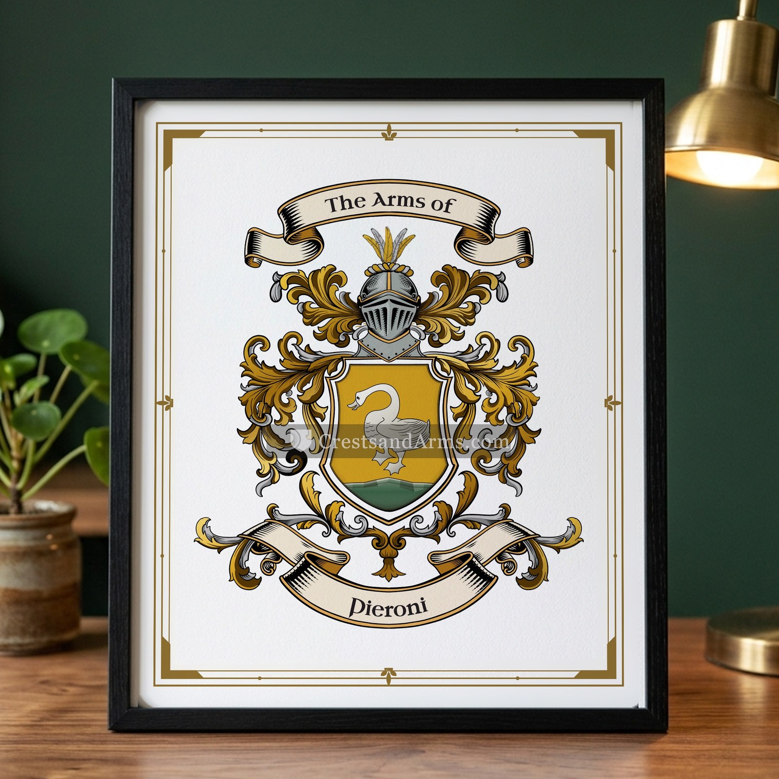 The Pieroni arms on the framed, black wood