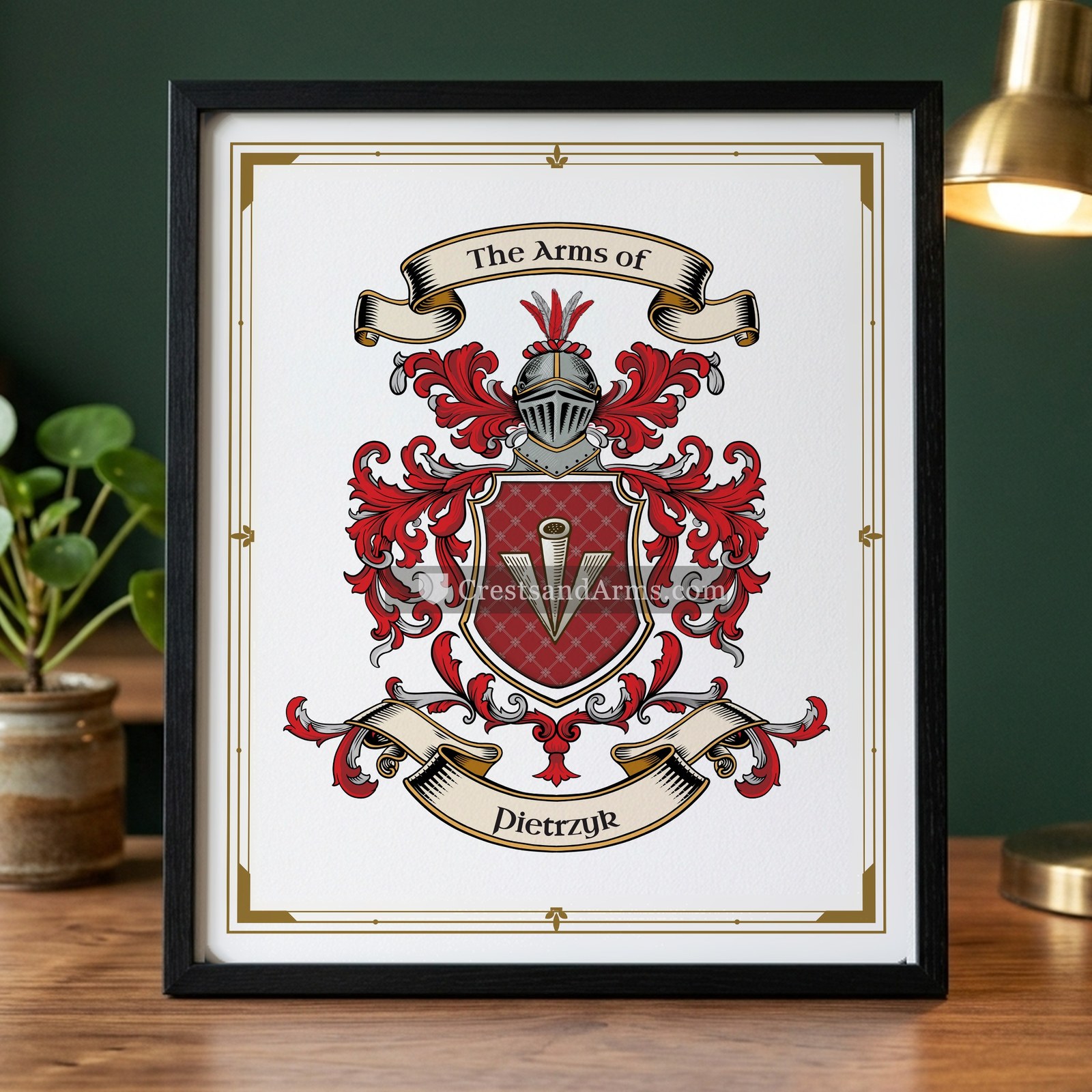 The Pietrzyk arms on the framed, black wood