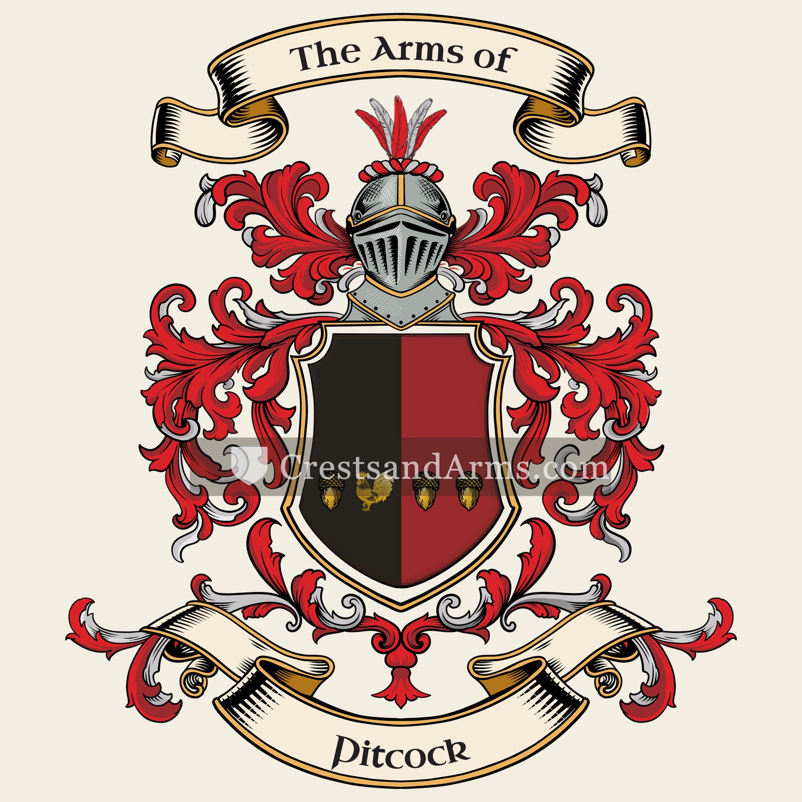 The Pitcock coat of arms, drawn from the recorded blazon