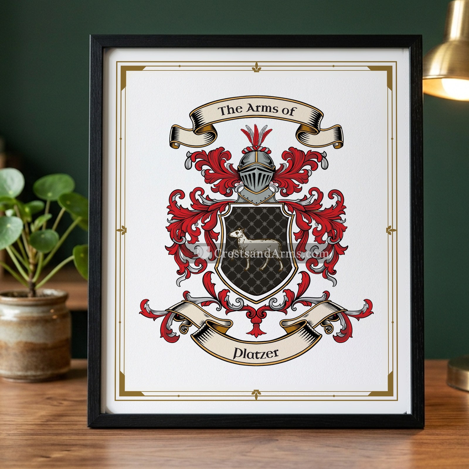 The Platzer arms on the framed, black wood