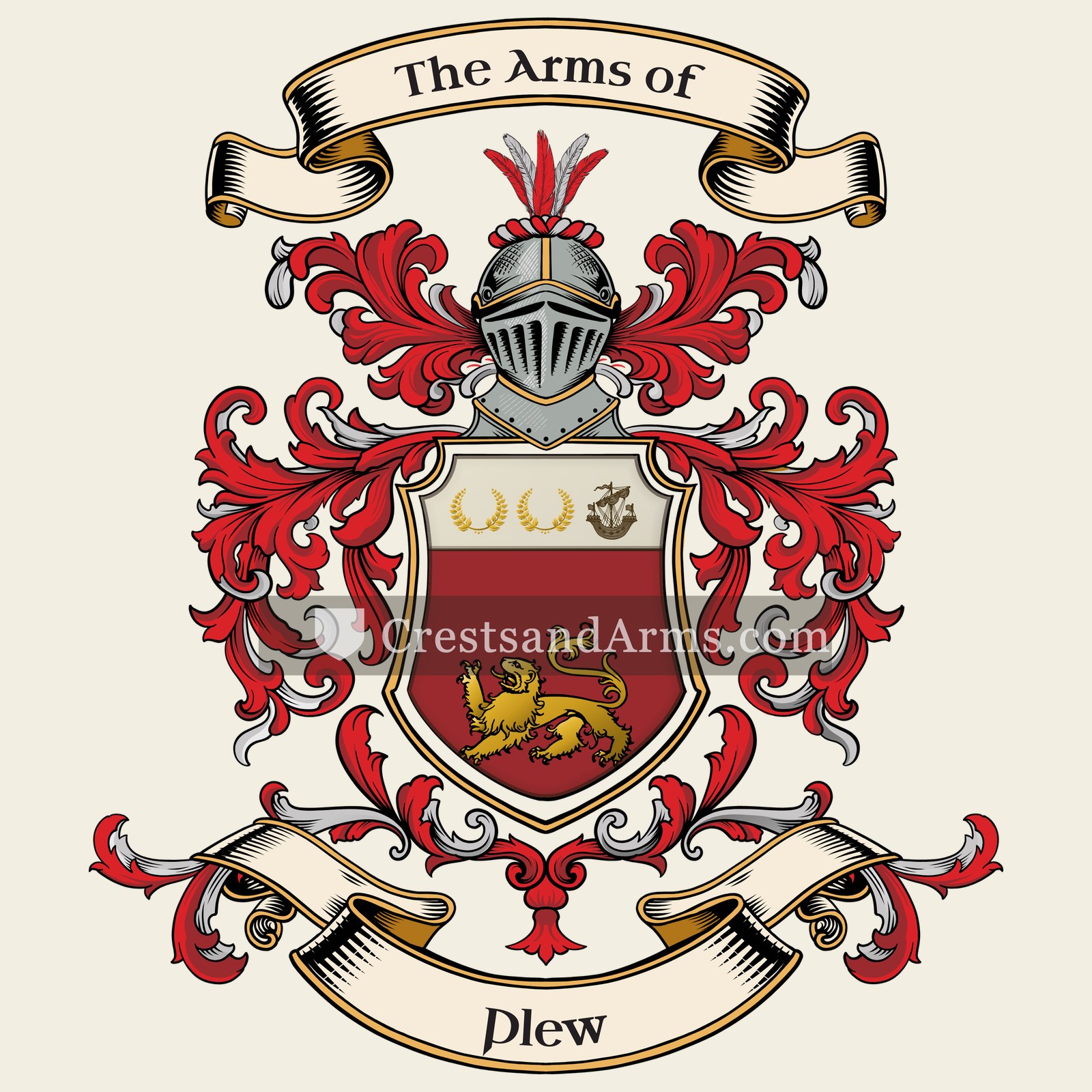 The Plew coat of arms, drawn from the recorded blazon