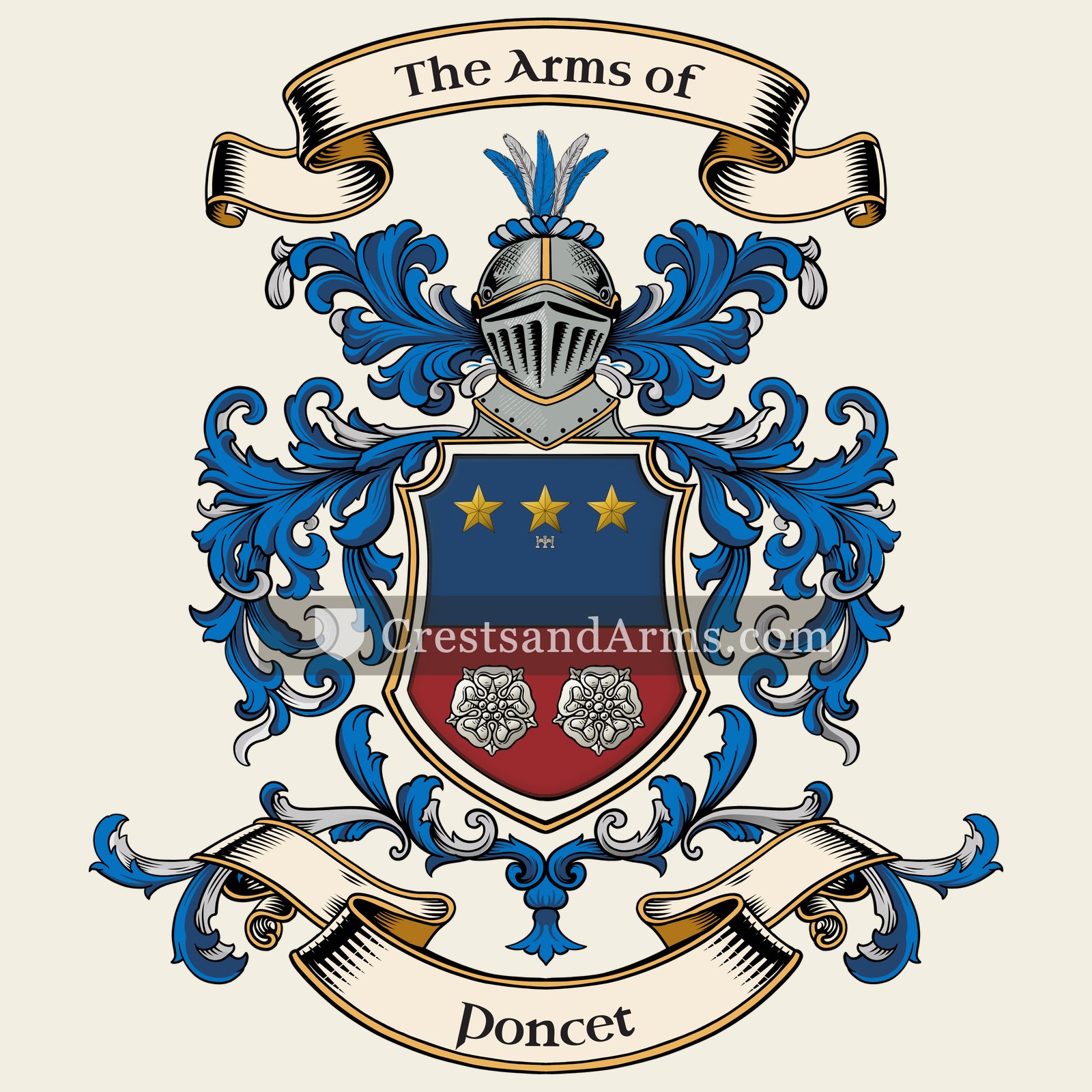 The Poncet coat of arms, drawn from the recorded blazon