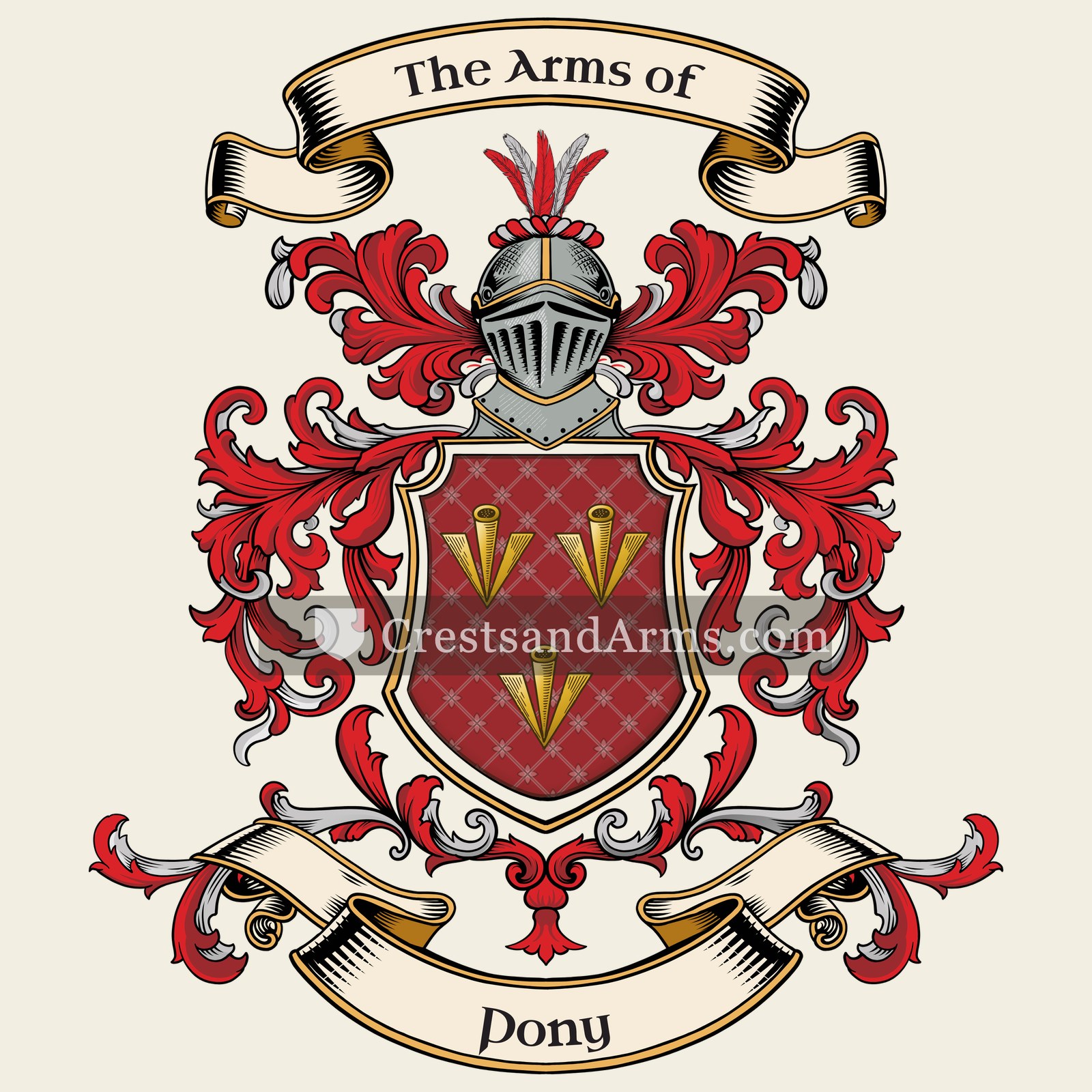 The Pony coat of arms, drawn from the recorded blazon
