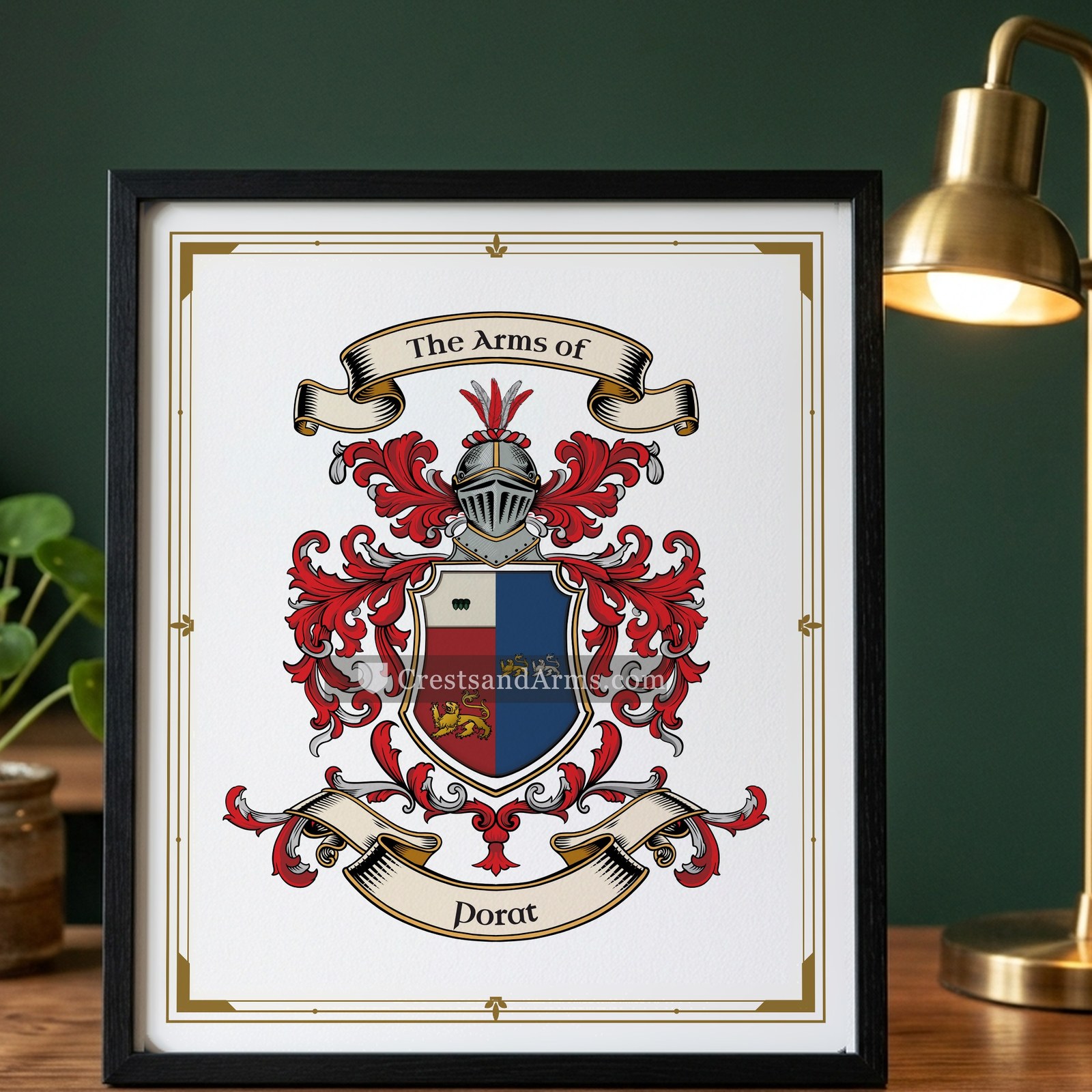 The Porat arms on the framed, black wood