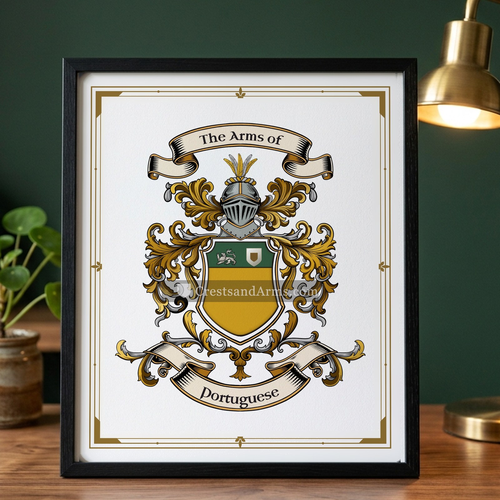 The Portuguese arms on the framed, black wood