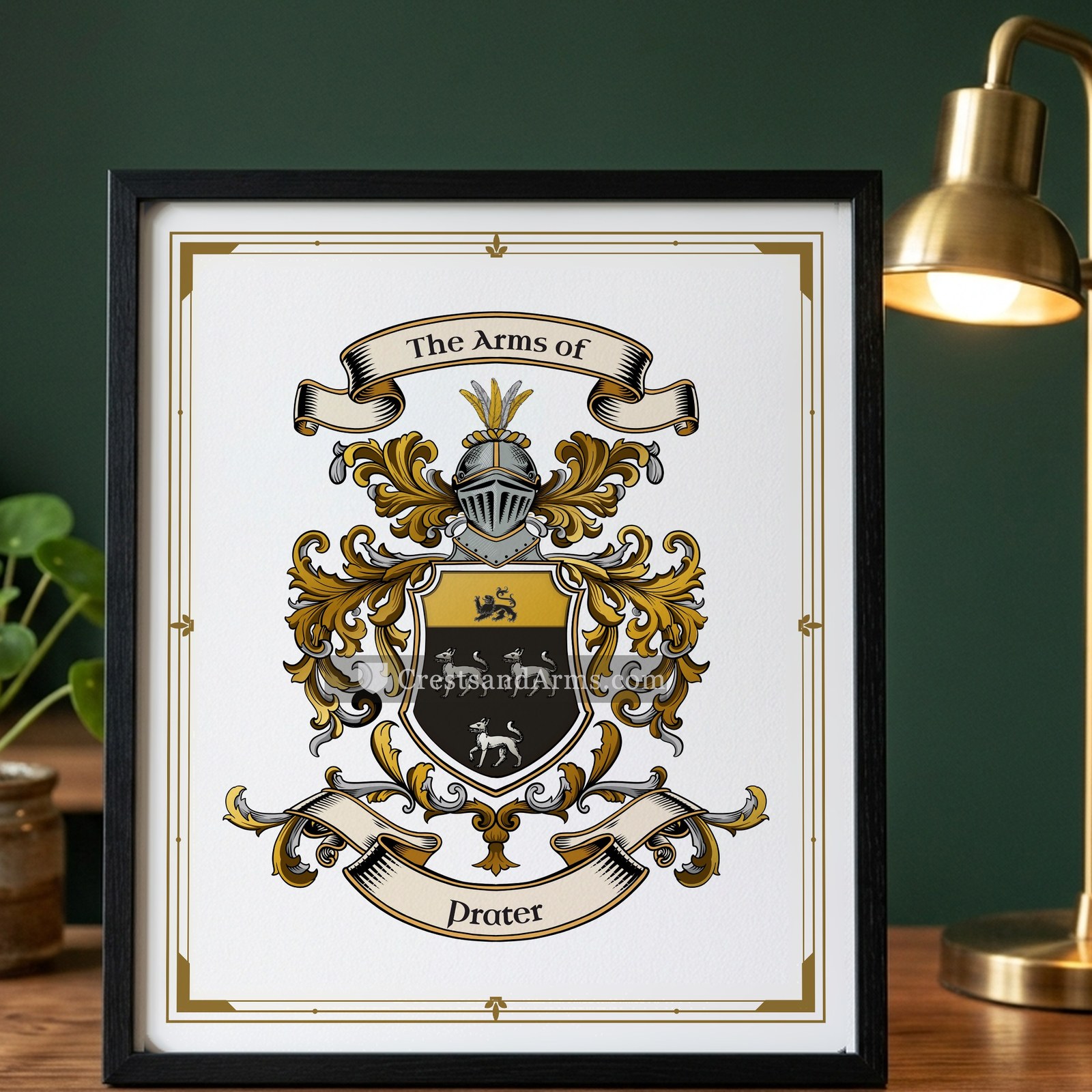 The Prater arms on the framed, black wood