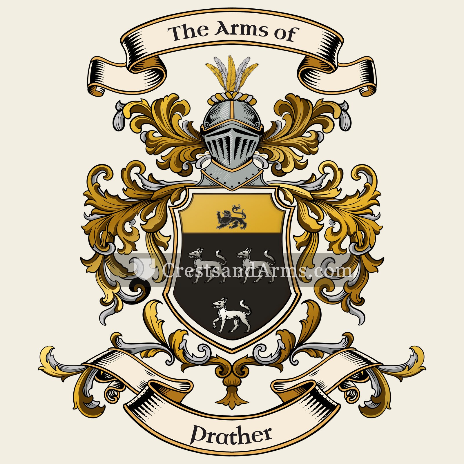 The Prather coat of arms, drawn from the recorded blazon