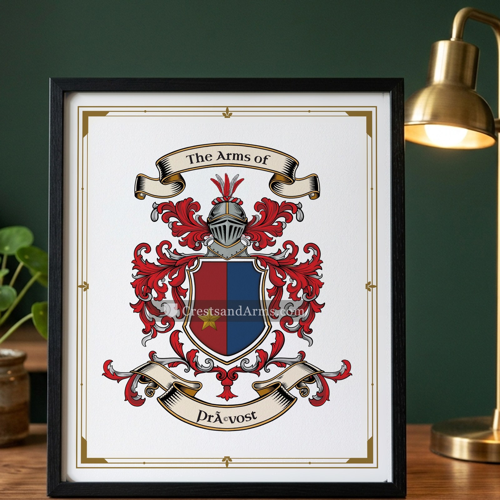 The Prévost arms on the framed, black wood
